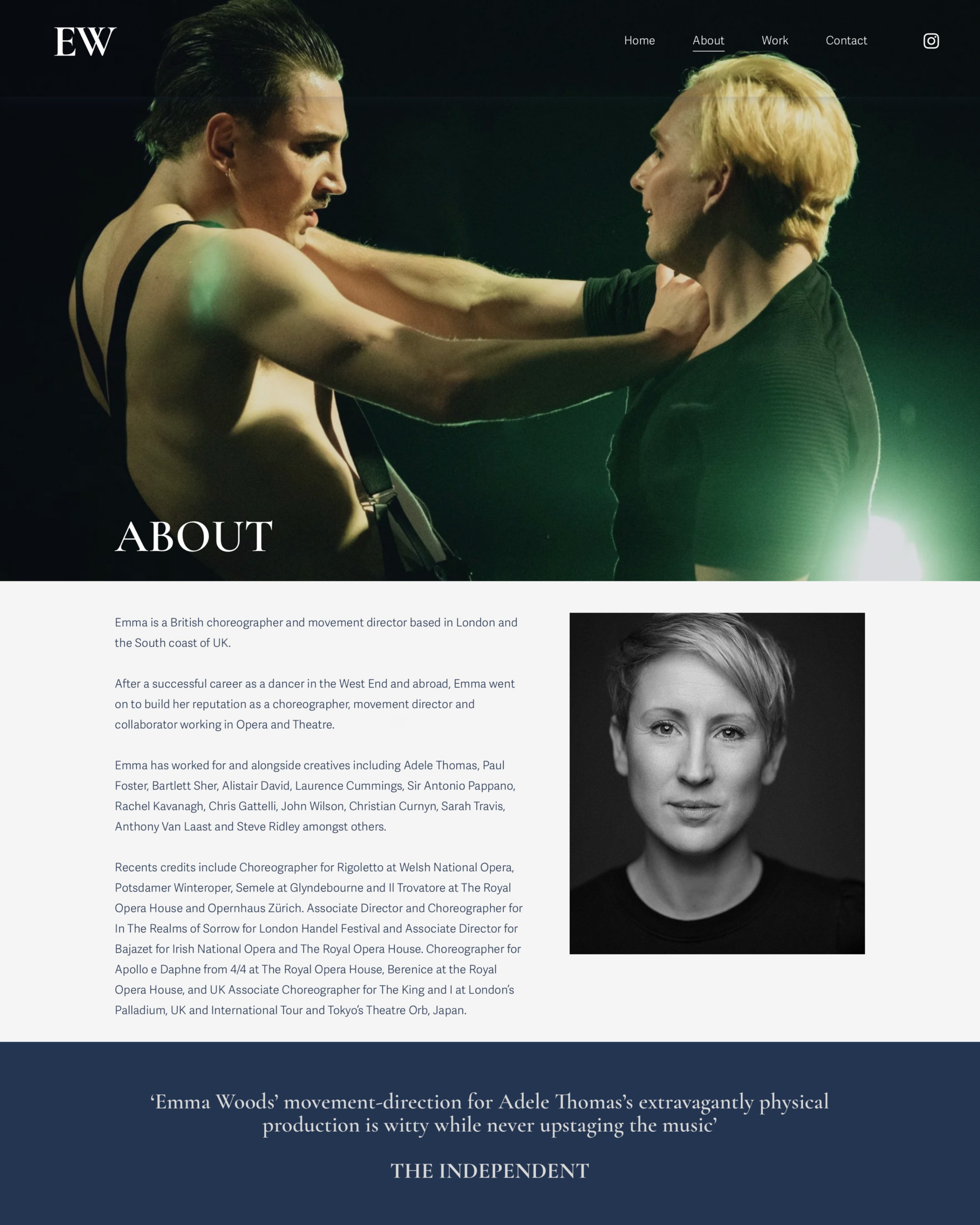 A website homepage featuring a dance performance. The top shows a close-up of two dancers facing each other, one with dark hair and the other with blonde hair. Below is text about Emma, a British choreographer and movement director, with a black-and-white portrait of her on the right.
