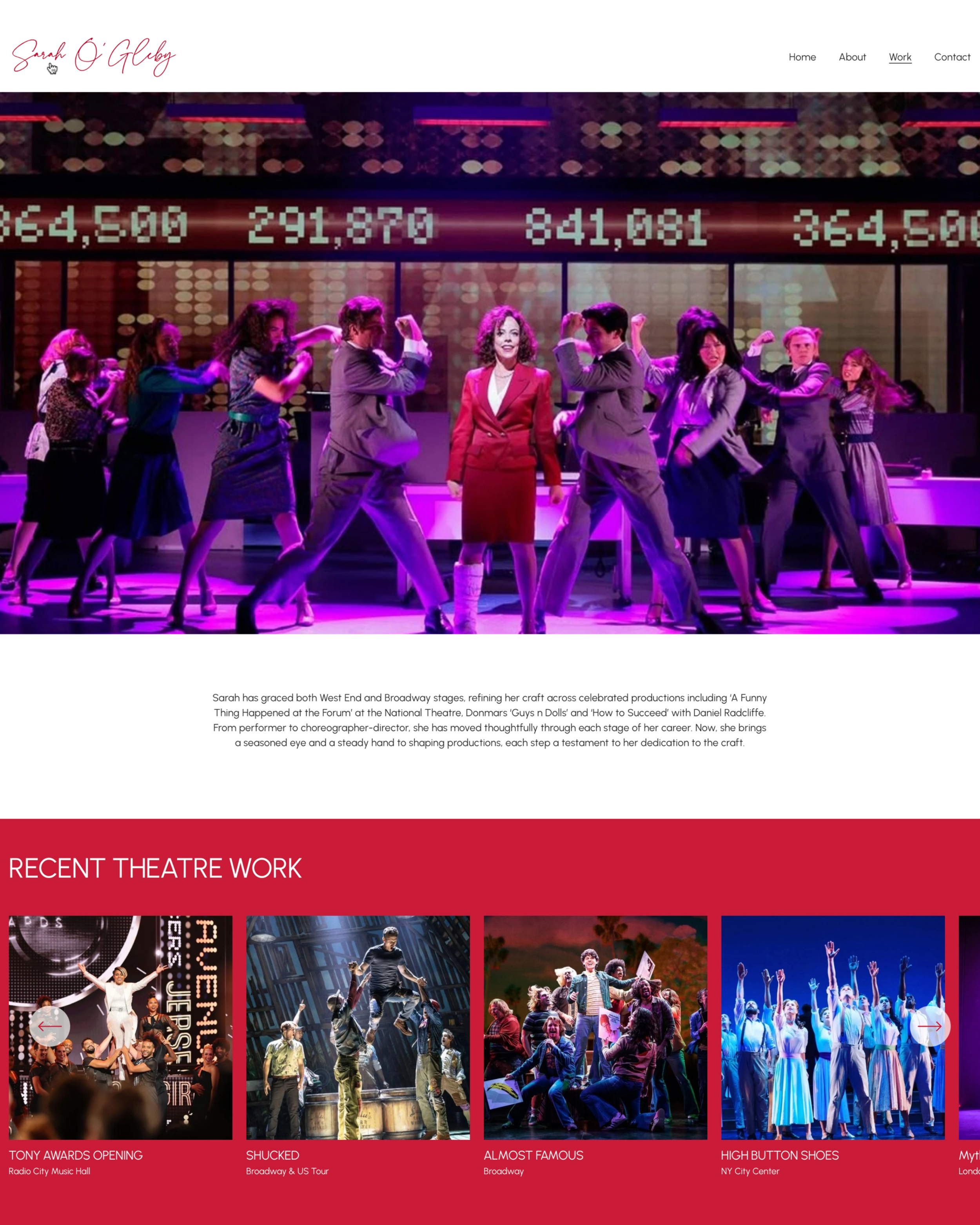 The website features a theatrical performance with a group of actors on stage, some in colorful costumes and others in suits, under colorful stage lighting. The background shows digital numbers and cityscape visuals, indicating a modern or urban setting.