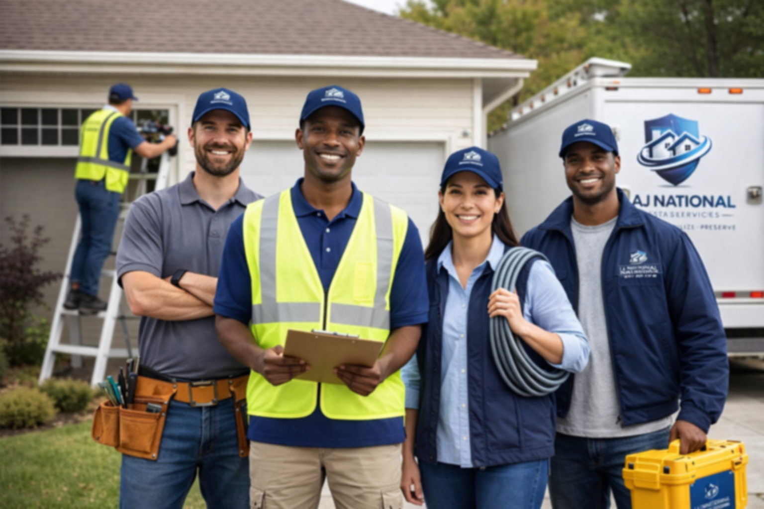 Group of four home repair professionals in front of a house and a moving truck, smiling and wearing caps and work vests, with tools and equipment.