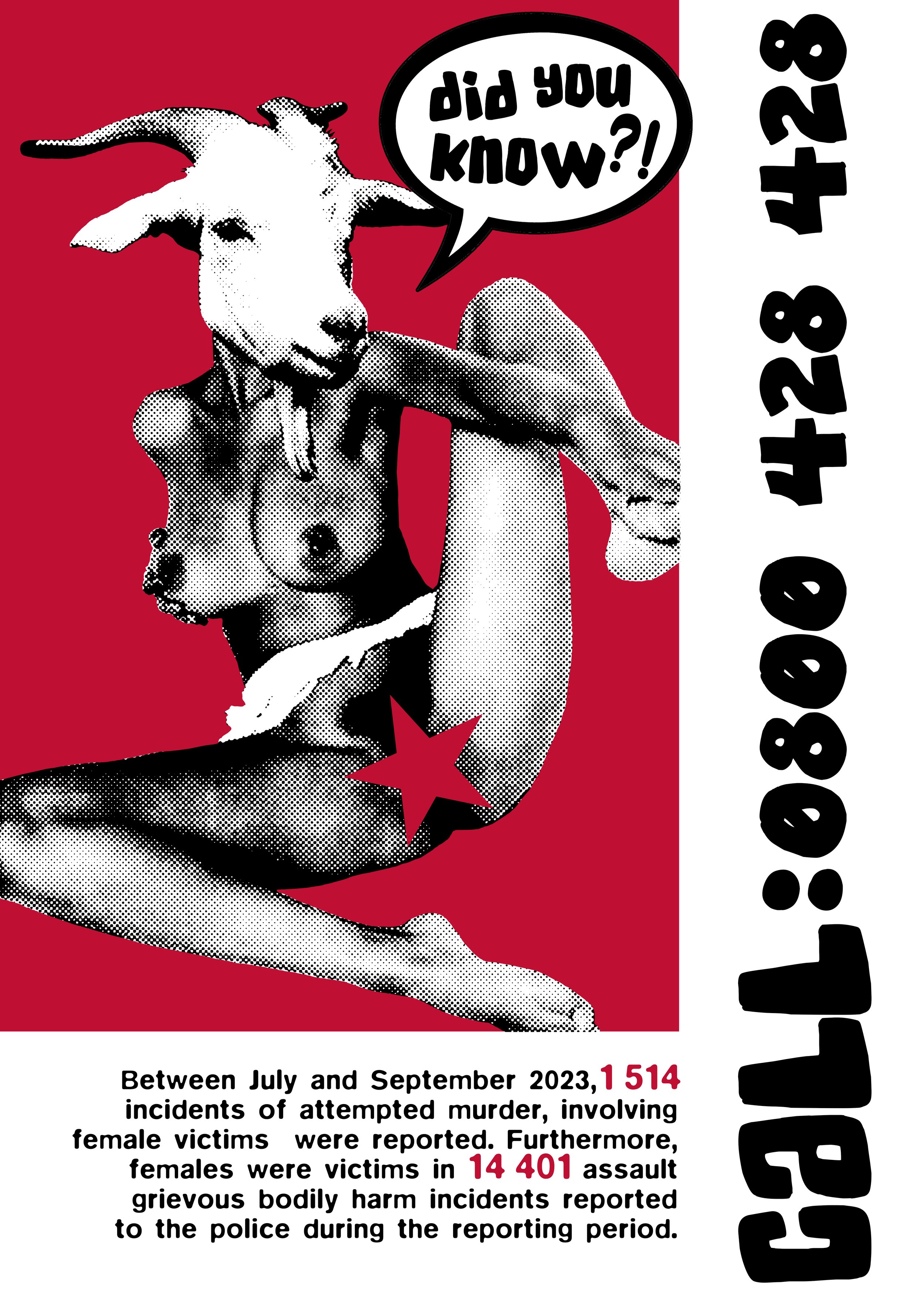 A stylized graphic of a goat with a human female body, holding a star. The goat has a speech bubble that says 'did you know?!'. The background is split with red on the left and white on the right. Bold text along the right side displays a phone number: 404-842-1428. At the bottom, a paragraph provides statistics about incidents of violence against females between July and September 2023.