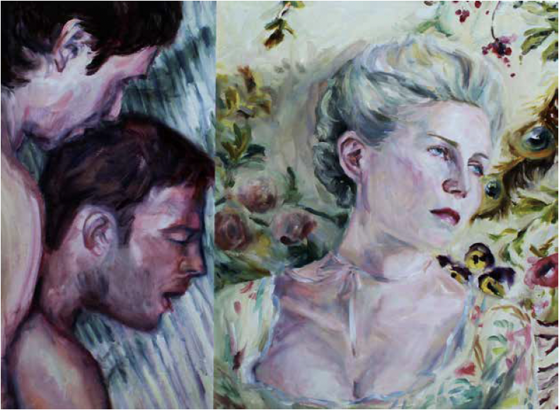 Oil painting of three people sleeping on a bed on the left and a woman lying among flowers and bees on the right.