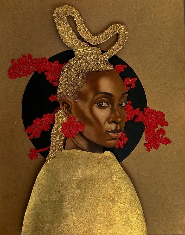 A portrait of a woman with a gold headdress styled like a snake, set against a background with red floral accents and a black circle.