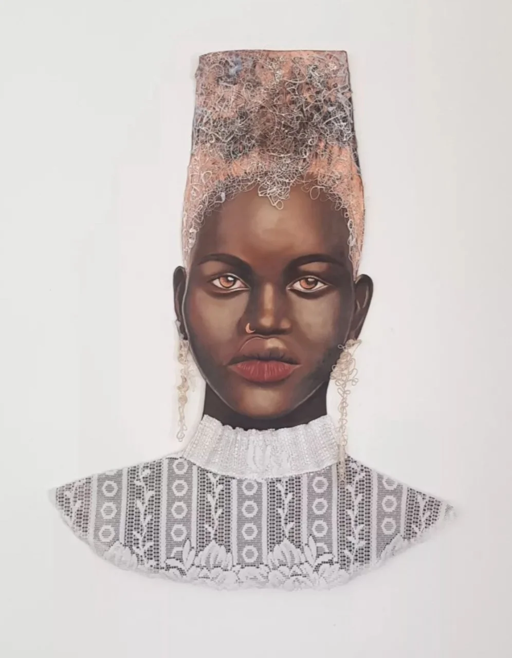 A detailed portrait of a Black woman with a serious expression, wearing a lace high-neck top and large earrings, with a lace and earth-toned headwrap.