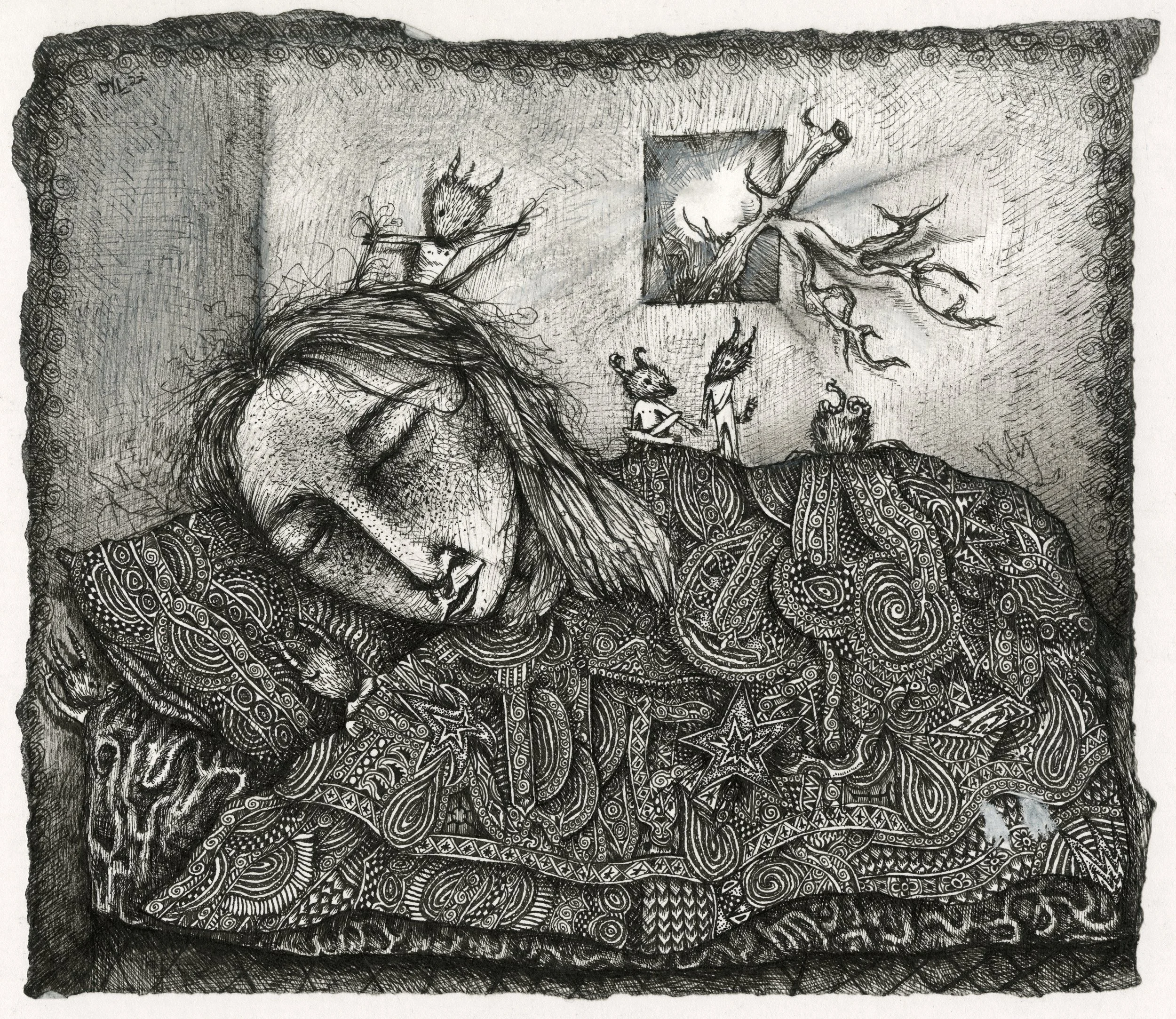 A detailed black and white illustration of a sleeping woman with intricate patterns on her clothing, surrounded by small figures with animal and humanoid features, and a tree branch above her head.