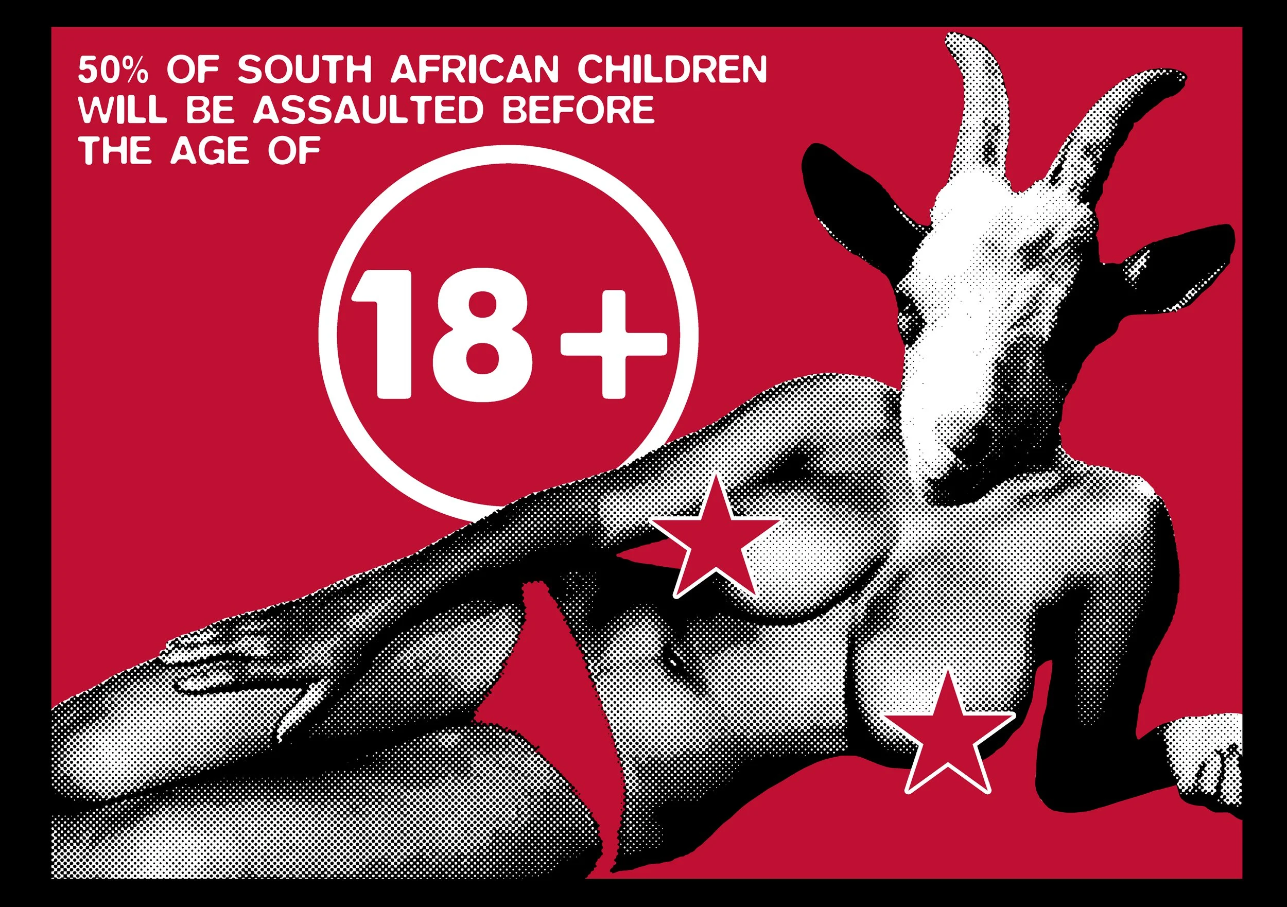 Graphic with a red background showing a humanoid figure with a goat's head lying down, marked with red stars on the chest and pelvis, and a large circle with '18+' inside. Text at the top states, '50% of South African children will be assaulted before the age of.'