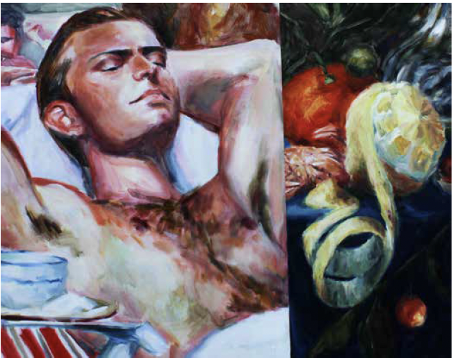 A painting of a person sleeping with an arm behind their head, next to a still life of vegetables and a melon on a dark background.