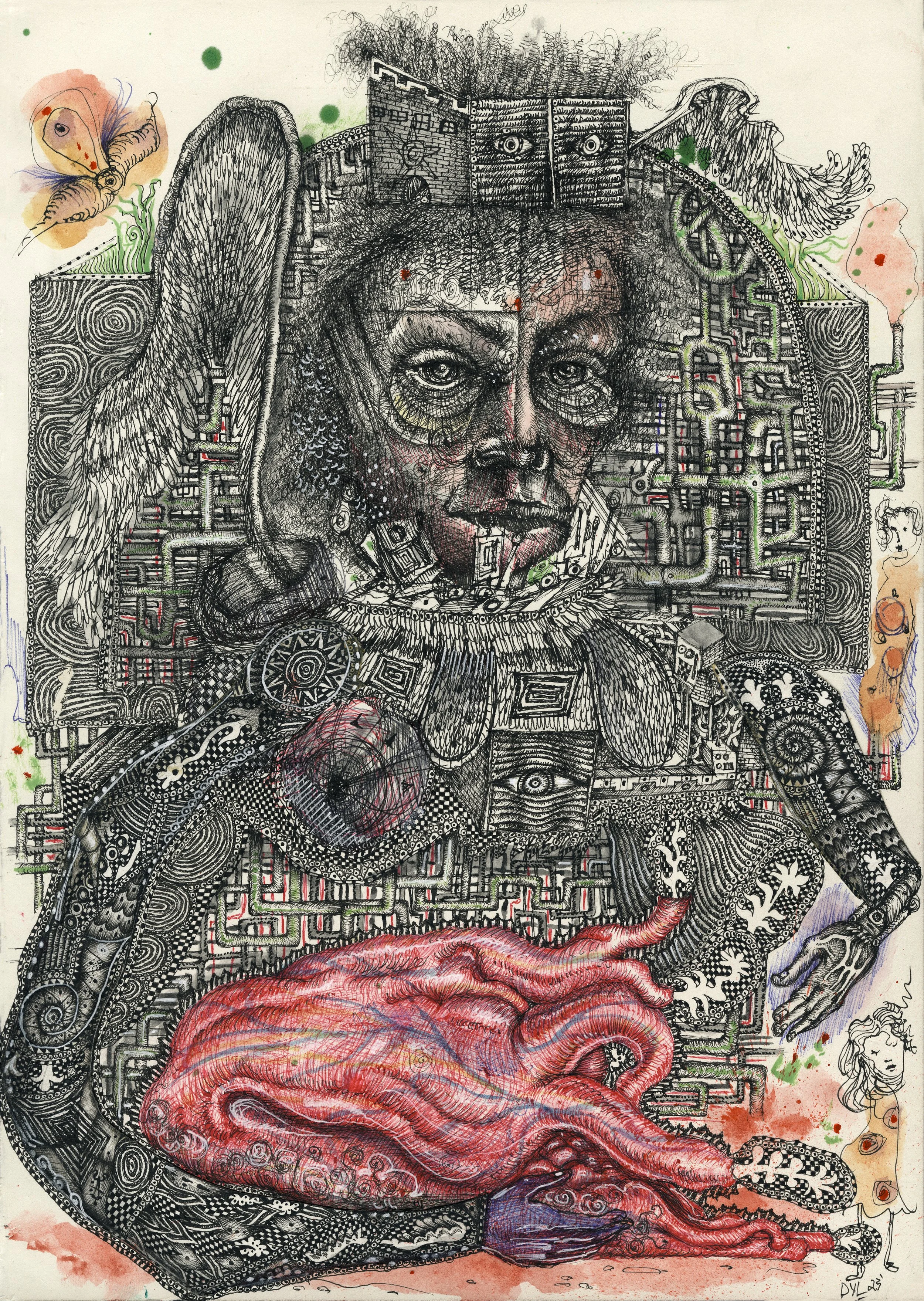 An intricate, surreal illustration of a woman with distorted, abstract features, surrounded by various mechanical and organic elements, including wings, multiple eyes, and a large octopus-like creature at her lap.