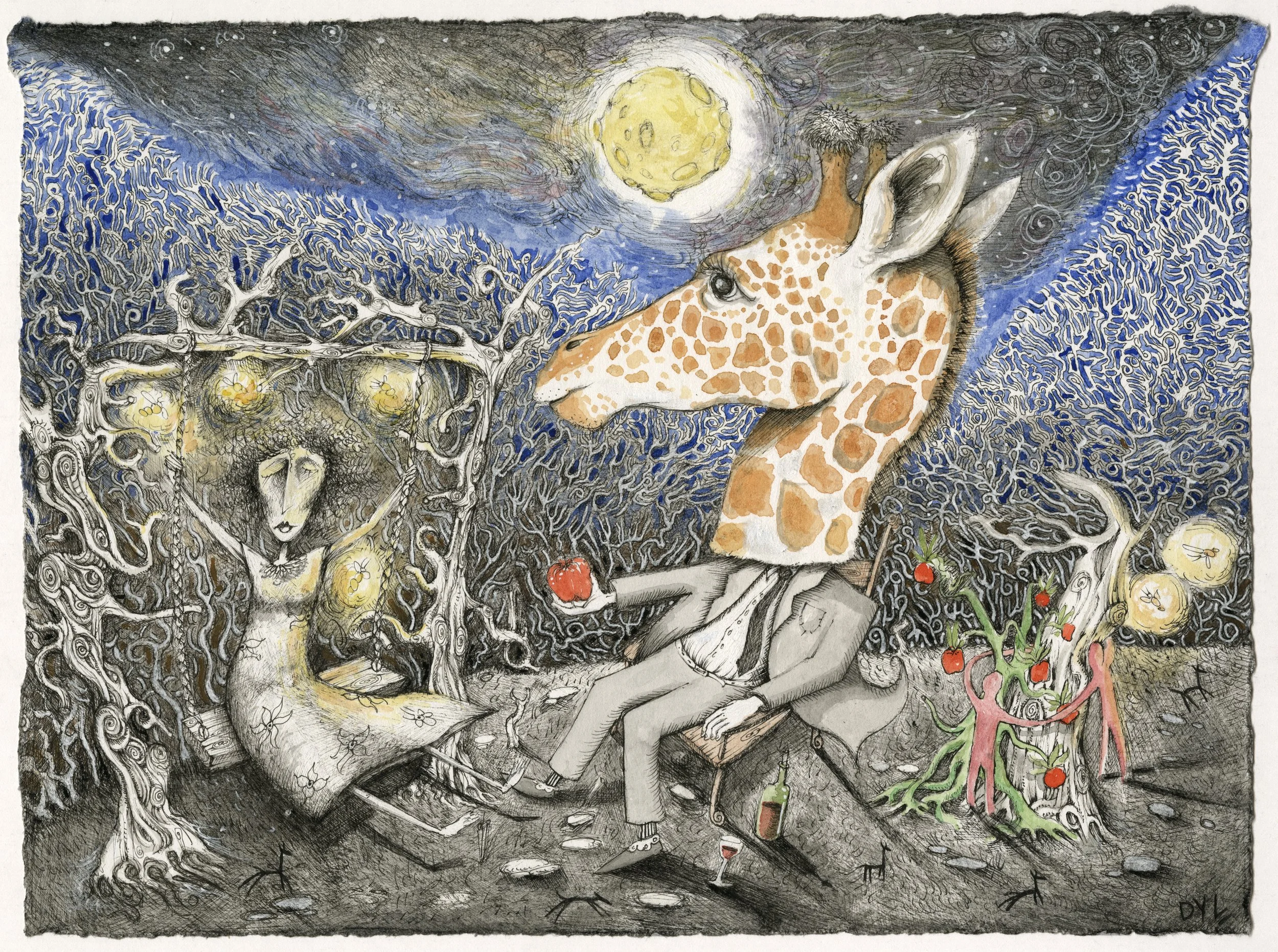 A surreal illustration of a night scene with a large moon, a whimsical giraffe with a miniature mountain on its head, a woman in a tree with glowing orbs, a man in a suit with a fruit, and animated plants with apples. The scene is filled with twisted trees, glowing lights, and eclectic characters.