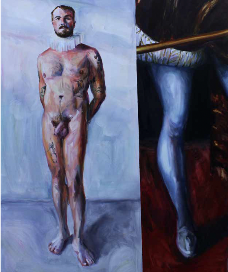 A painted artwork of a nude man with tattoos standing with hands behind his back, wearing a ruffled white collar, and another painting of a person's leg and foot, seen from behind, on a dark background.