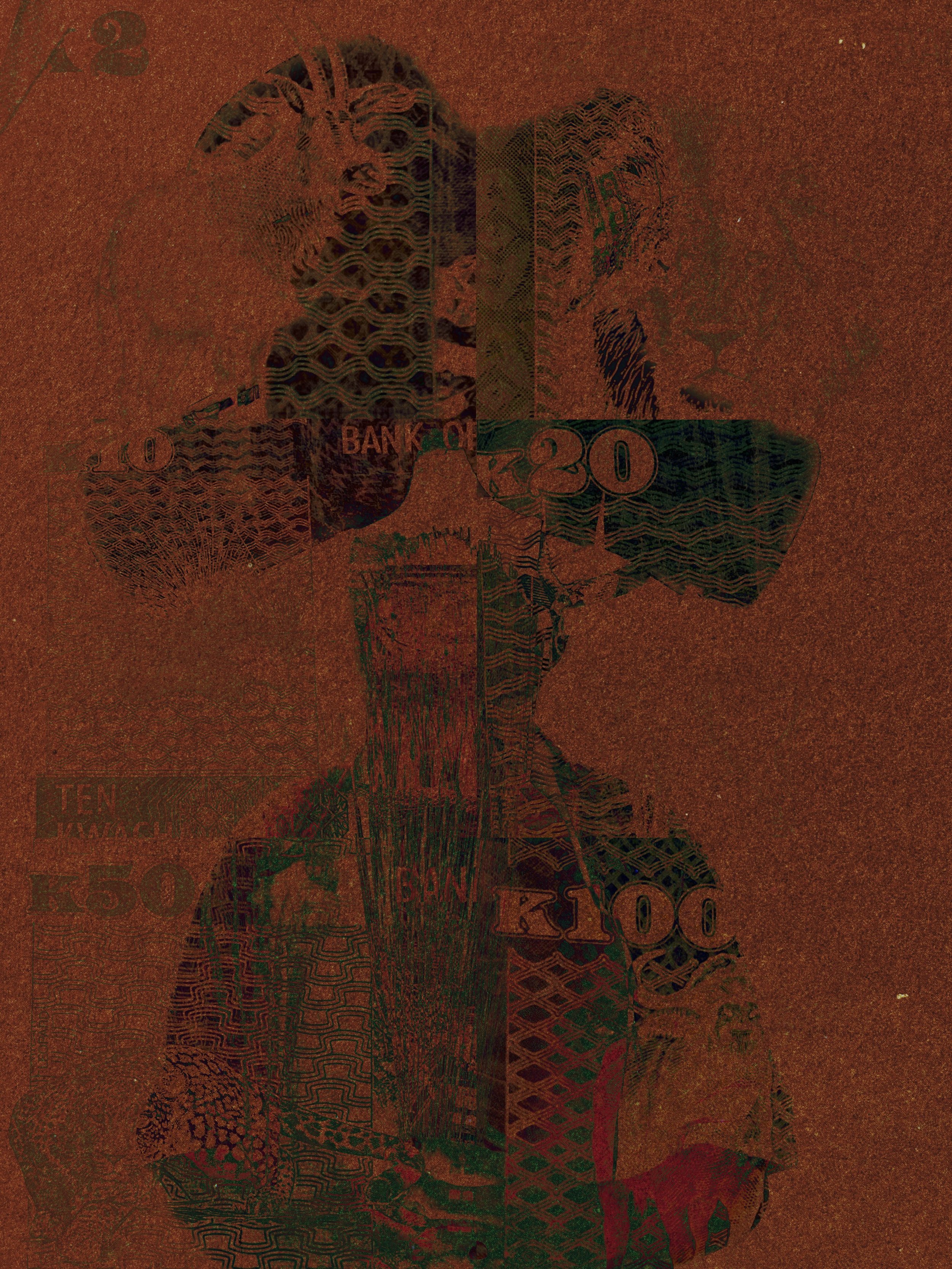 An abstract collage of a person with dollar bill patterns layered over their face and body, with some parts in red and green tones.