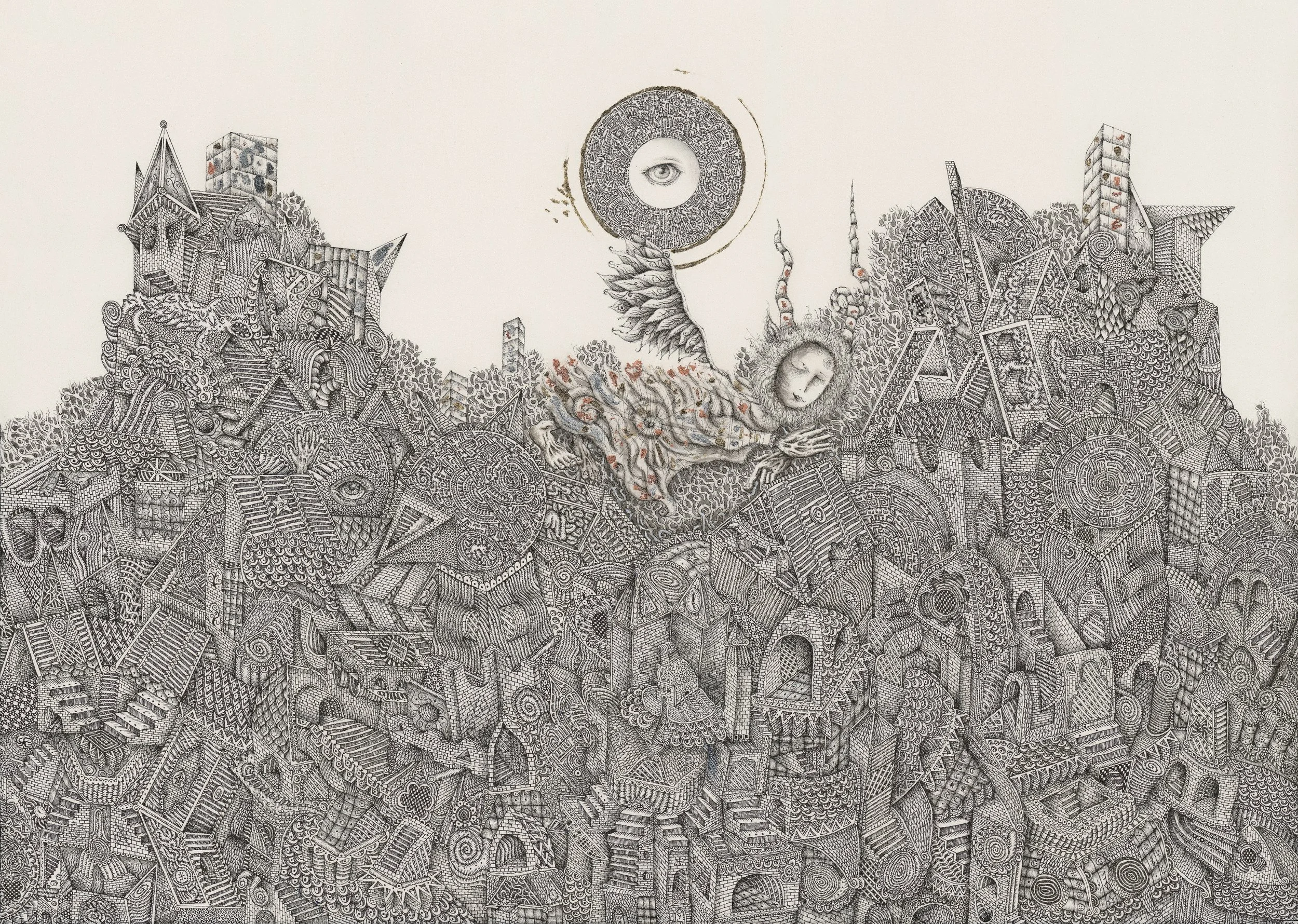 Detailed black and white drawing of a cityscape with a angelic figure with wings flying above, surrounded by intricate abstract patterns, with a large eye within a circular maze in the sky.