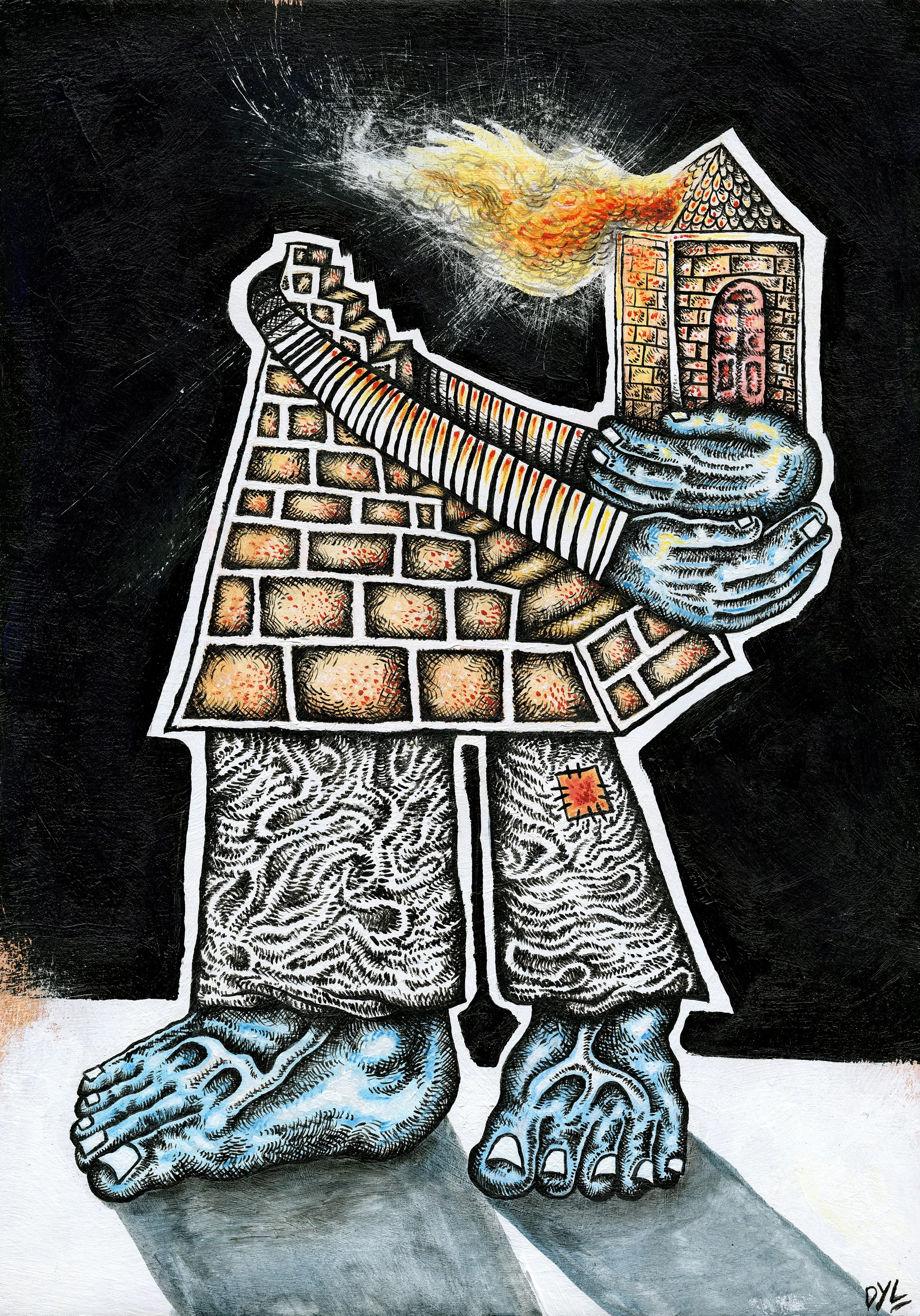 A surreal artwork depicting a giant pair of human feet with hair, standing on a black and white background. The feet are holding a large ladder, which is climbing into a house on fire, emerging from a chimney. The house is floating above the feet, with flames and smoke coming out of the chimney.