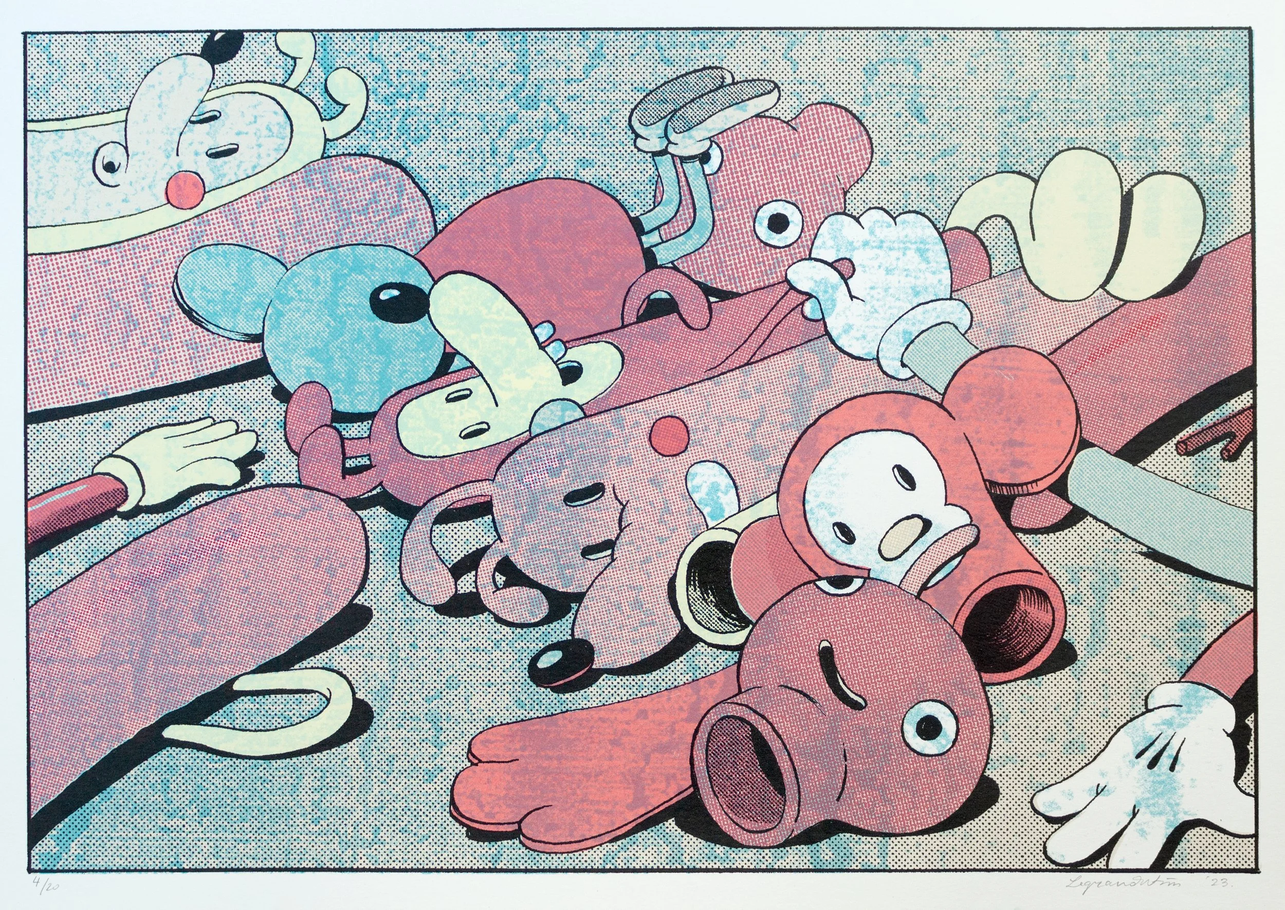 Stack of cartoon stuffed animals including bears, hippos, and a fish, lying on the floor in various positions, with some wearing shoes and gloves.