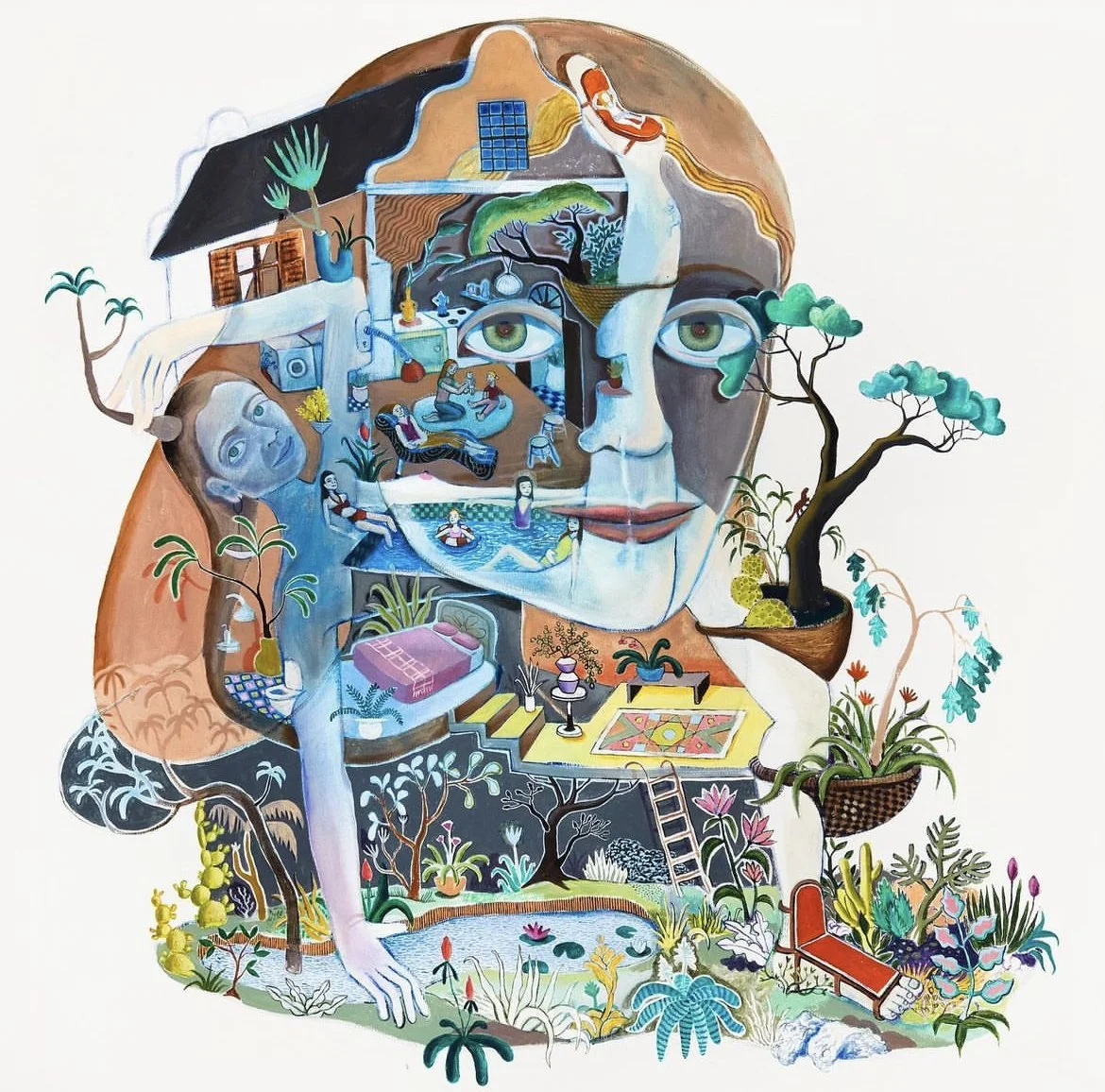 A colorful mural of a woman's face with various scenes inside her head, including people relaxing, swimming, and engaging in activities, surrounded by trees, plants, and decorative objects.