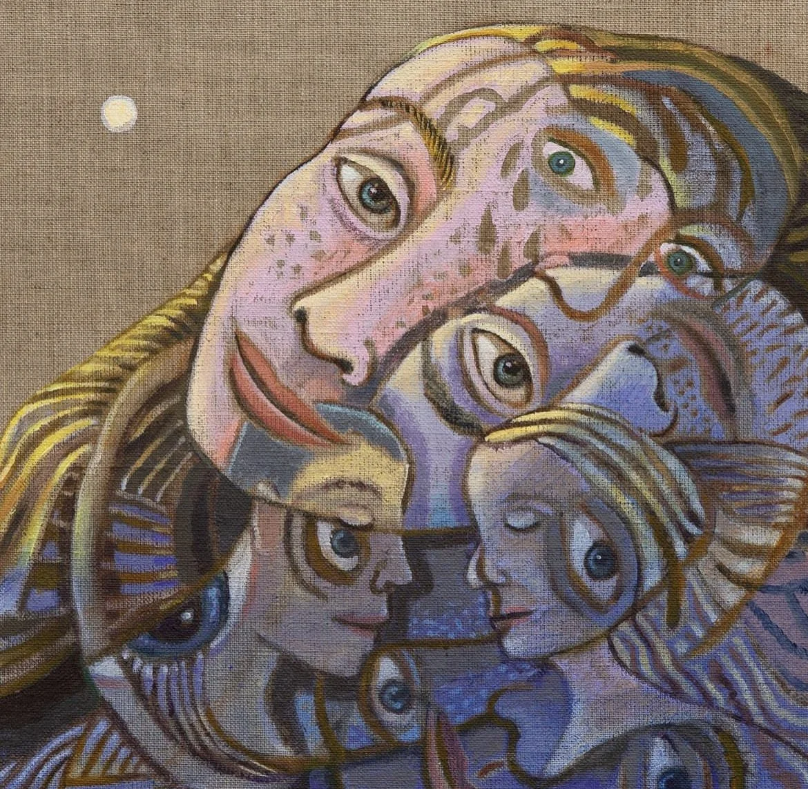 A colorful abstract artwork of multiple faces and fish intertwined, featuring large eyes and flowing lines.