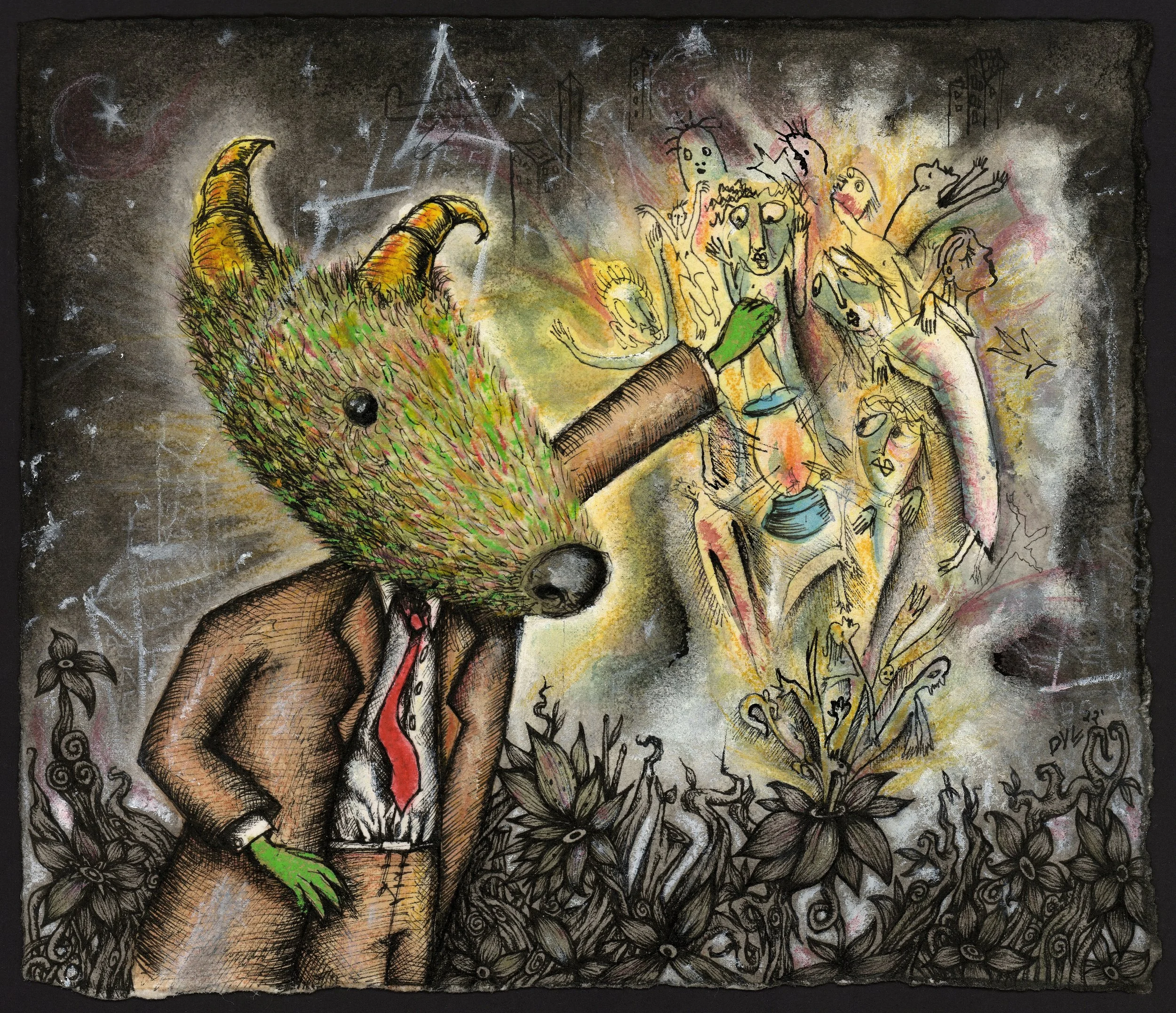 A surreal illustration of a creature with a fox or wolf's head and a humanoid body dressed in a brown suit and red tie, raising a spray can towards a chimera of various humanoid and animal figures emerging from a plant.