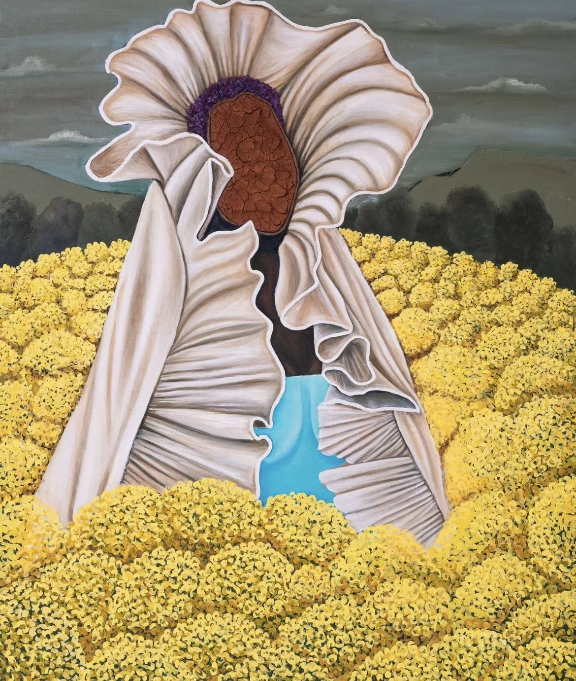 A surreal painting featuring a large flower with the face of a person, surrounded by bright yellow flowers with fields and hills in the background.