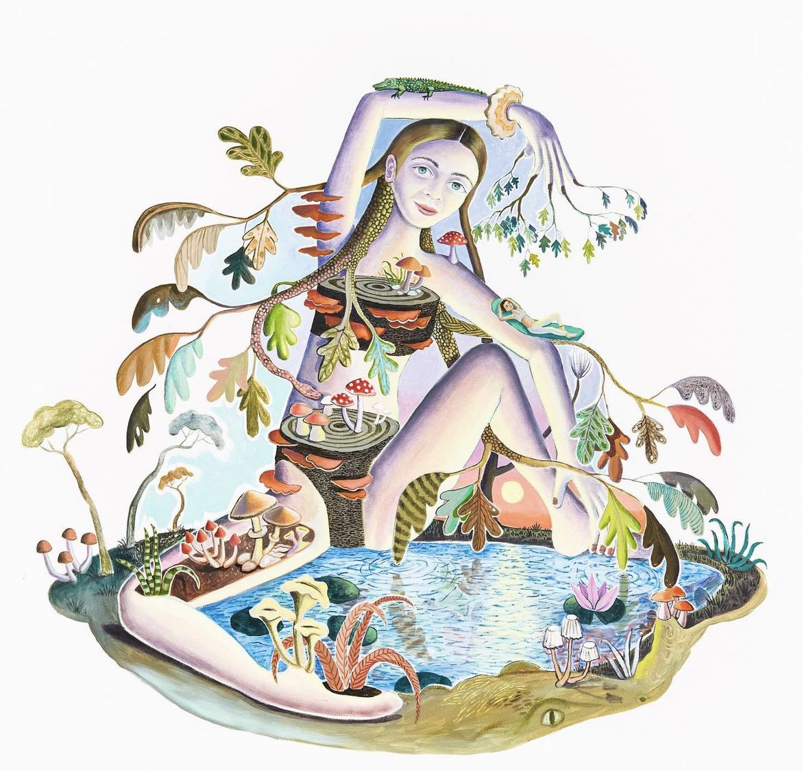 A surreal illustration of a woman with plant and animal elements woven into her body, sitting by a pond surrounded by mushrooms, trees, and foliage, blending nature with fantasy.