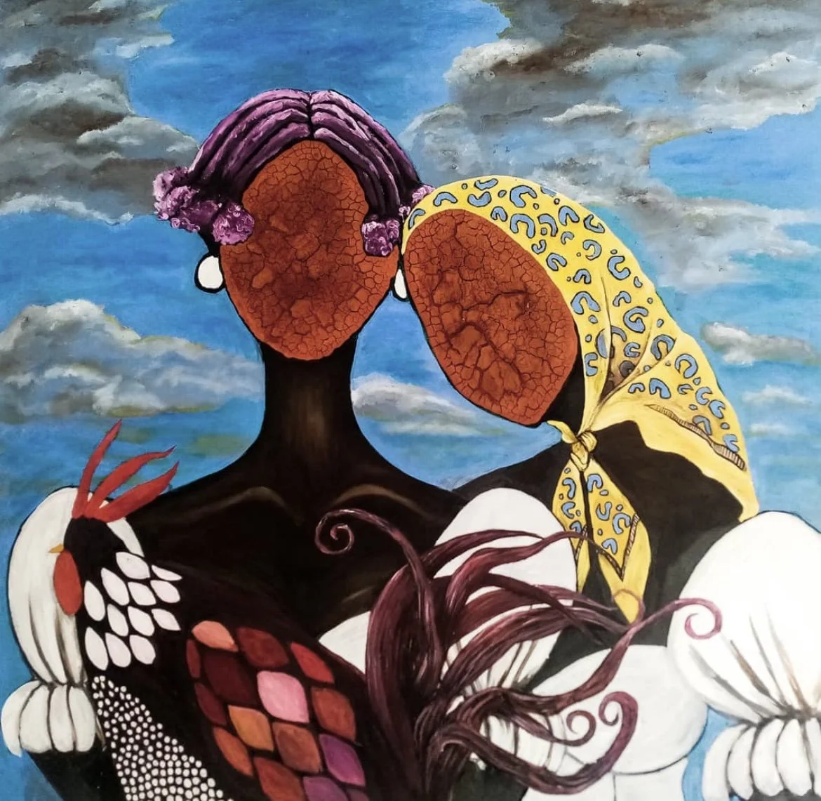 Colorful painting of a person with a tree trunk body, and a butterfly on their head with a yellow and blue patterned wing, set against a sky with clouds, surrounded by a rooster and other abstract elements.