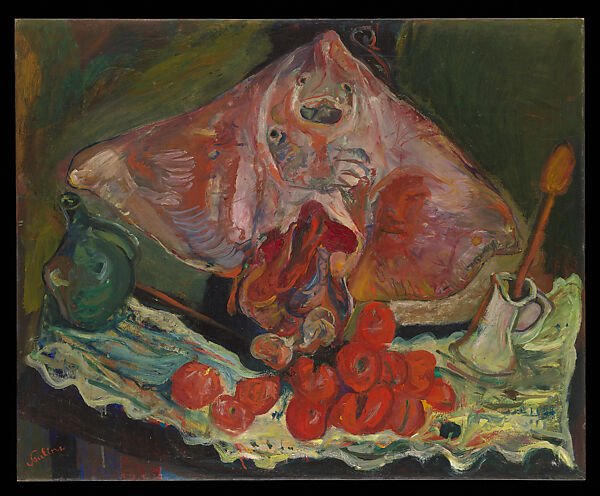 An abstract painting of a still life featuring a large pig's head, a bunch of red tomatoes, a green vase, and a white jug with a spoon on a table with a cloth.