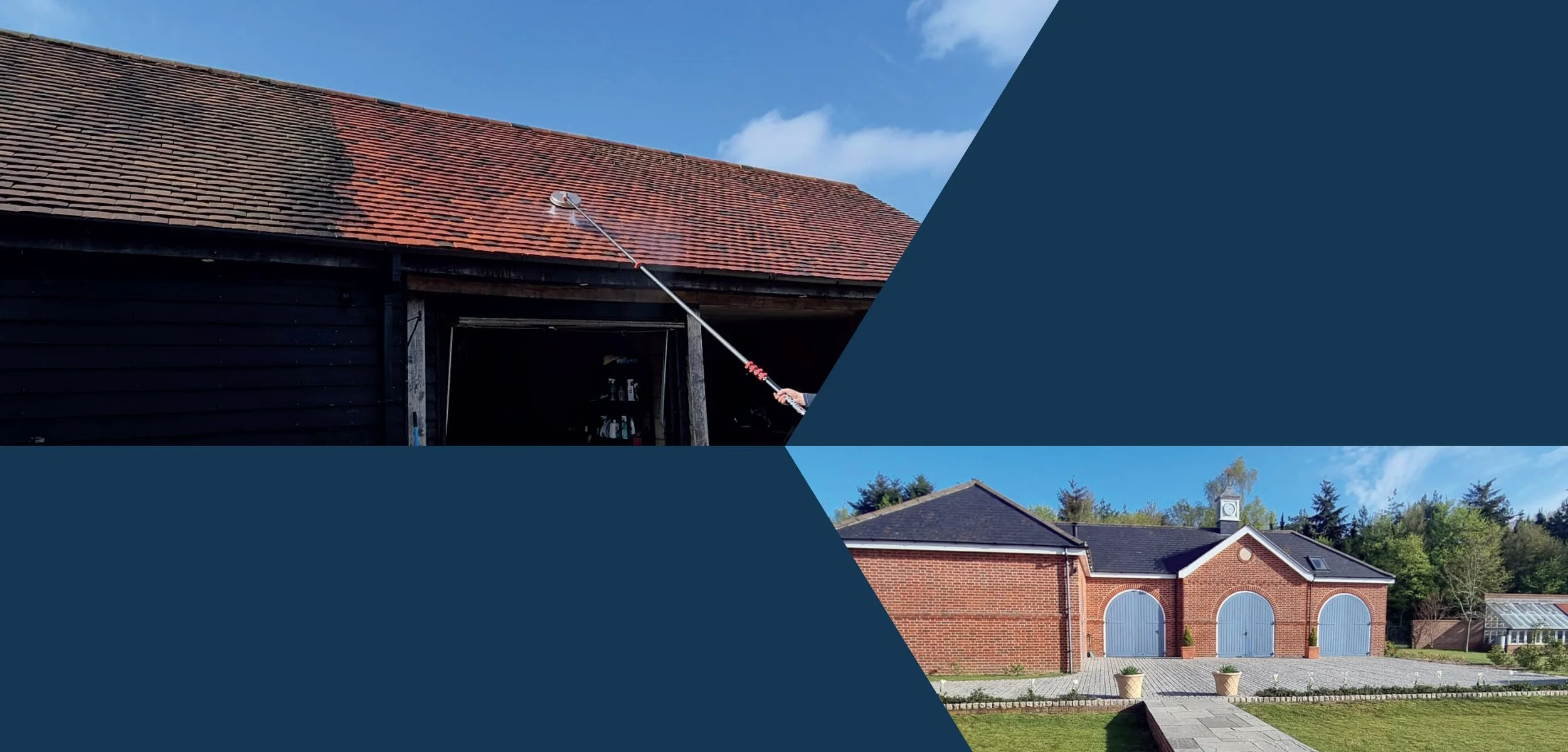 Suffolk exterior cleaning long-handled professional cleaning tool to clean the roof tiles of a barn with red tiles. A second photo of clean stone driveway and red brickwork.