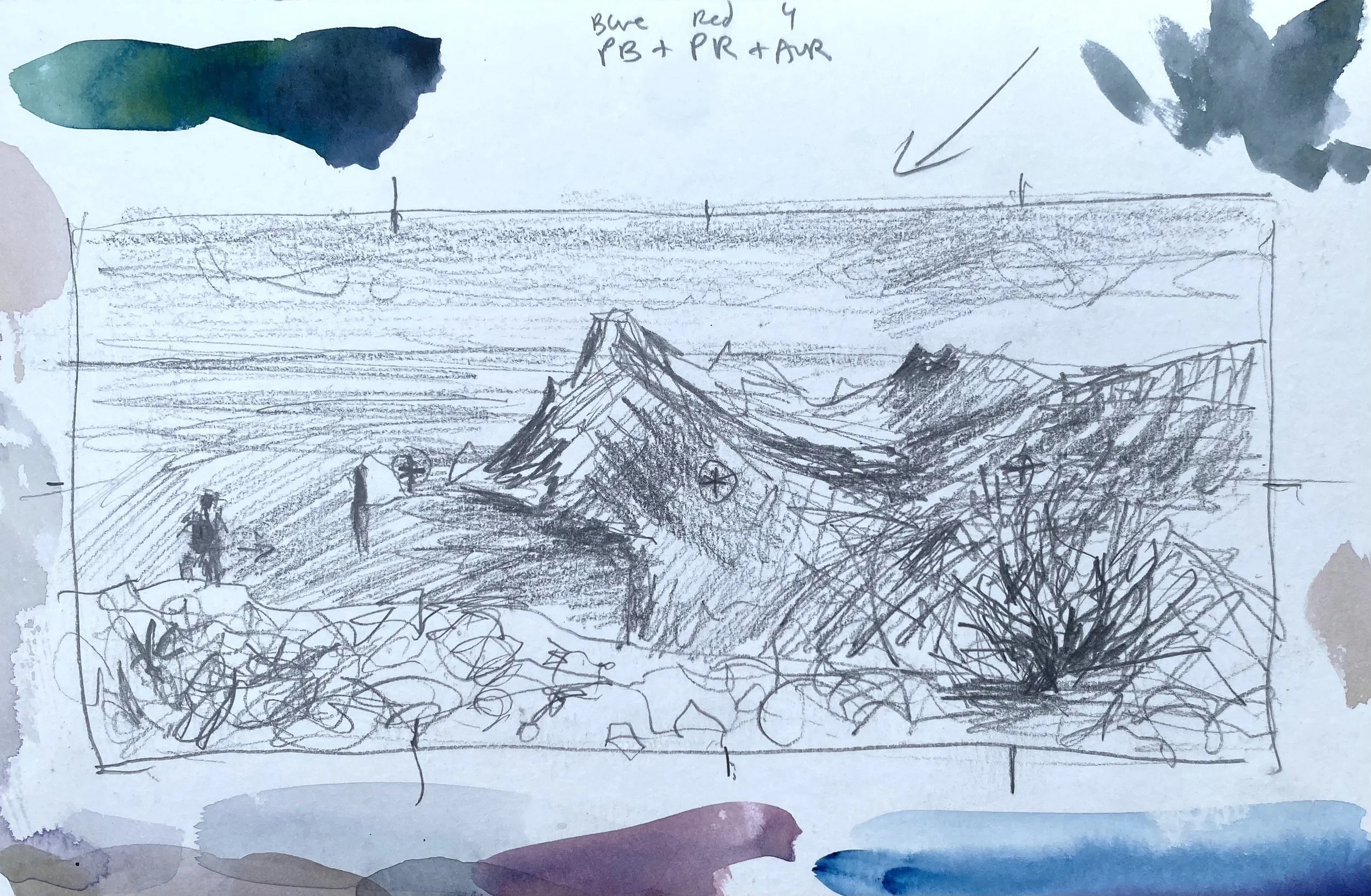 Dessin d'une montagne avec deux personnages au premier plan et quelques autres éléments de paysage en arrière-plan, réalisé au crayon. Il y a des annotations et une légende en haut.