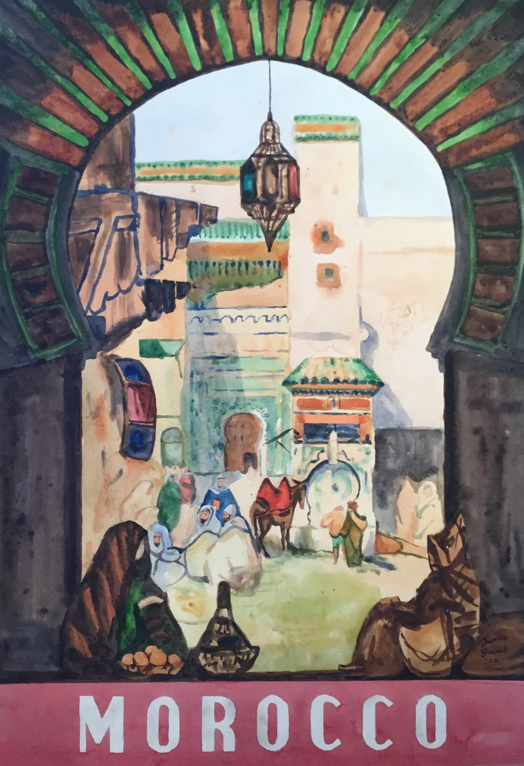 Watercolor painting of a Moroccan street scene viewed through an arched entryway, with colorful buildings, a hanging lantern, and people with donkeys in the street. The word 'MOROCCO' is at the bottom.