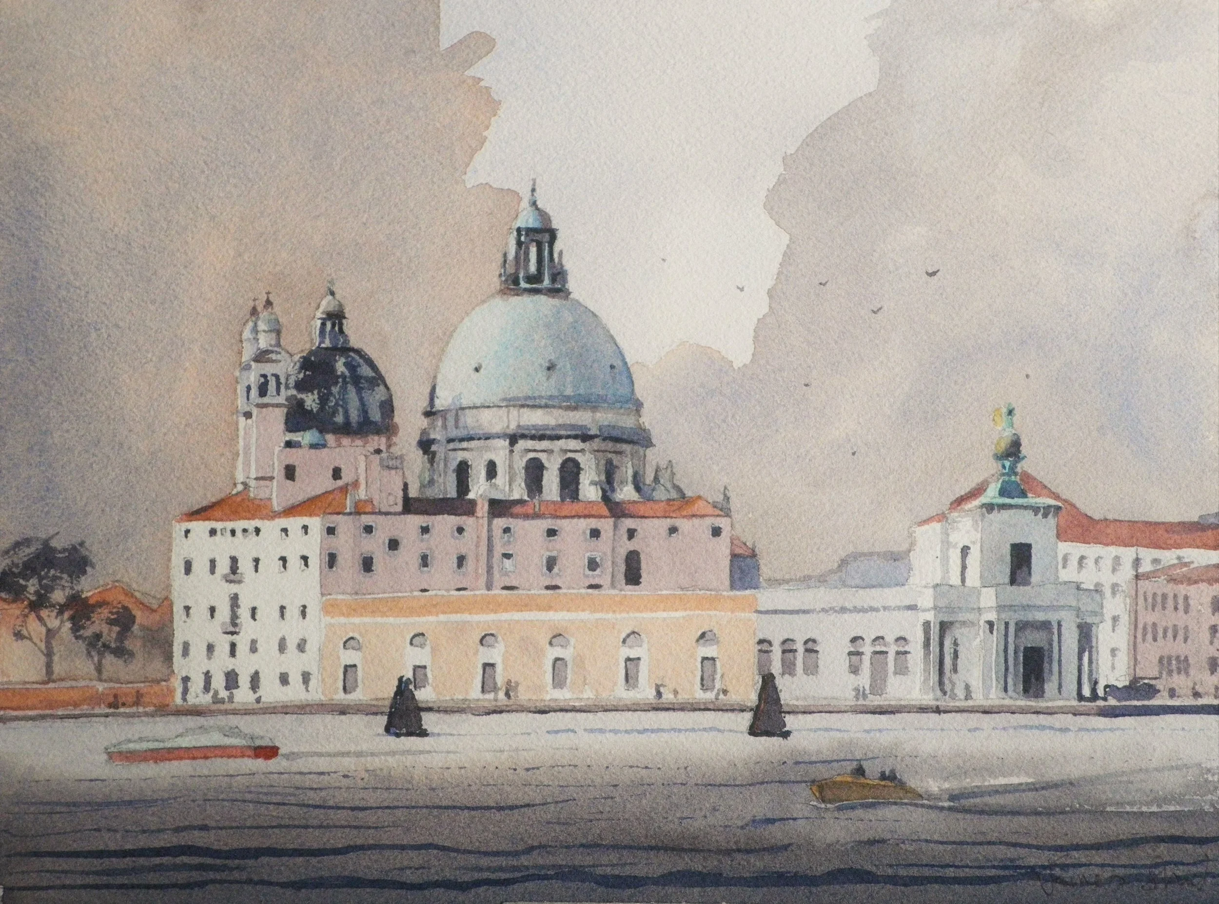 Watercolor painting of a European cityscape with a large domed church, smaller buildings, and a cloudy sky.