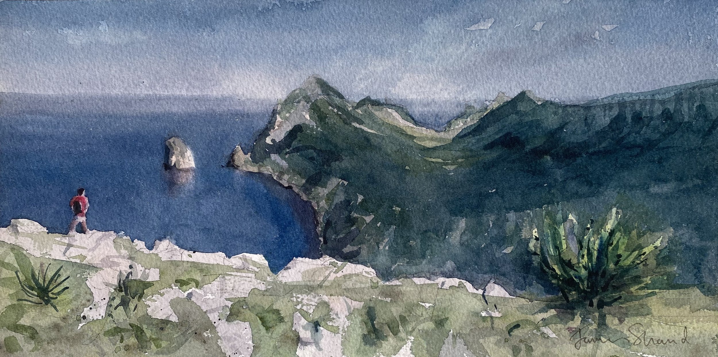 Peinture aquarelle représentant un paysage de côte avec des montagnes en arrière-plan, une mer calme, et un seul personne marchant sur un sentier en premier plan.