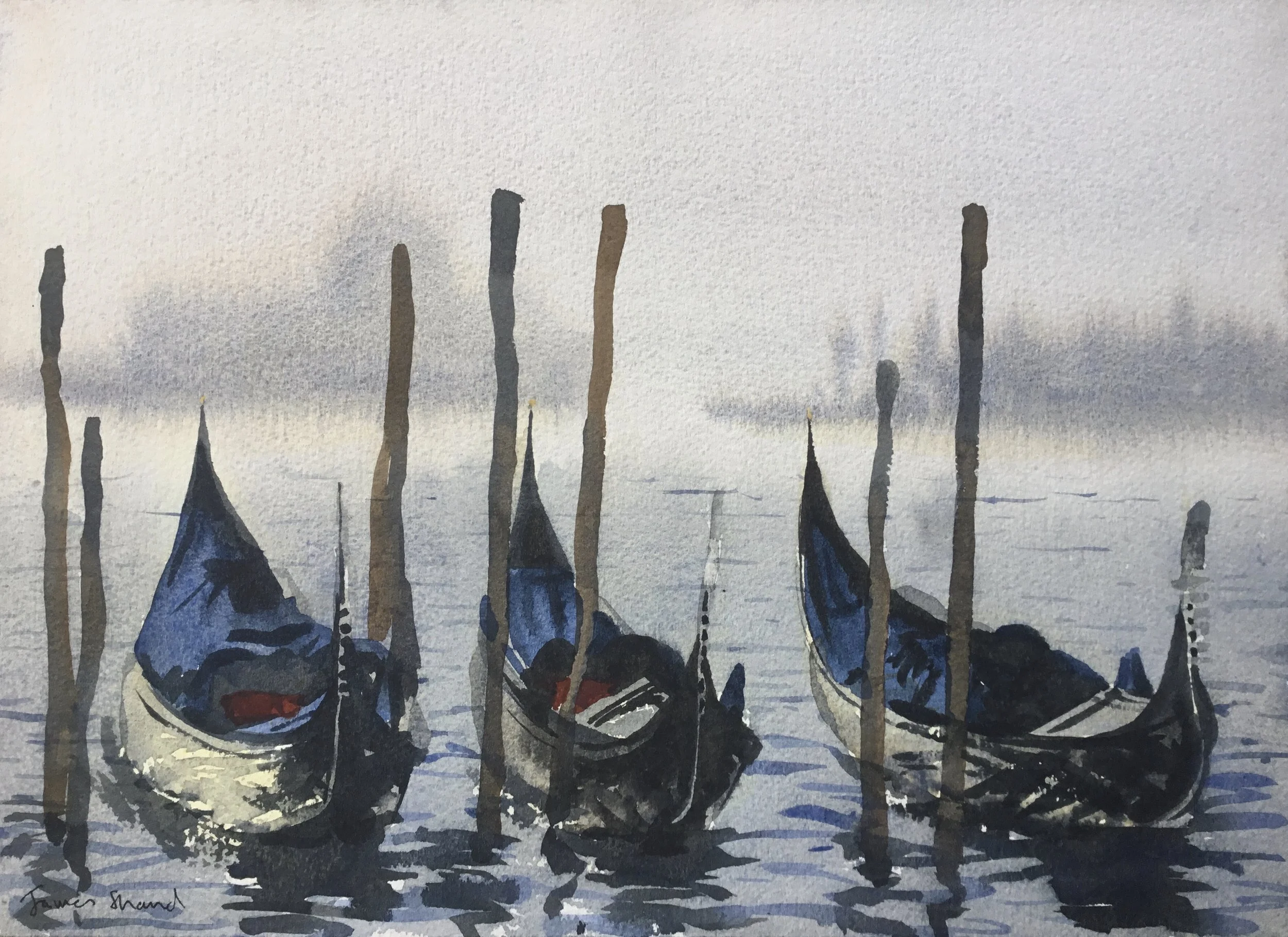 Watercolor painting of three gondolas with blue covers, moored to wooden posts on a calm body of water, with cloudy sky in the background.