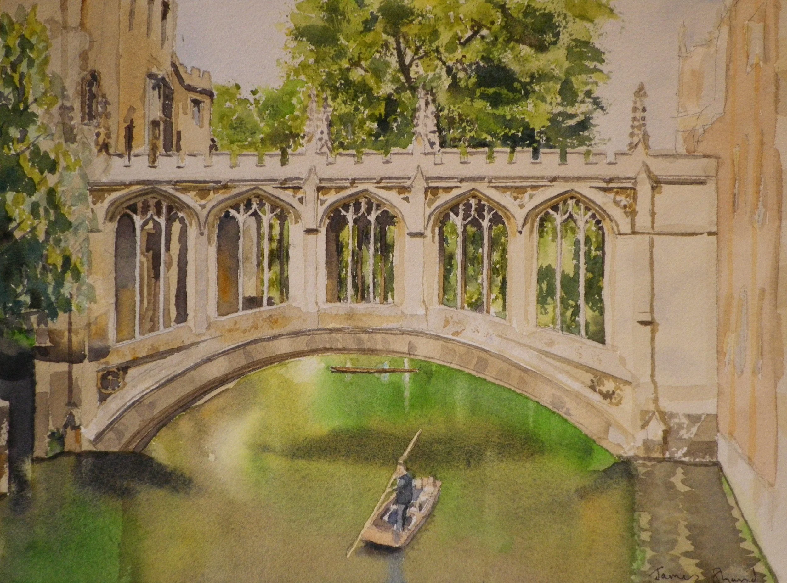 A watercolor painting of a stone bridge over a canal, with Gothic-style windows and a statue on a boat in the water beneath. Trees surround the scene.