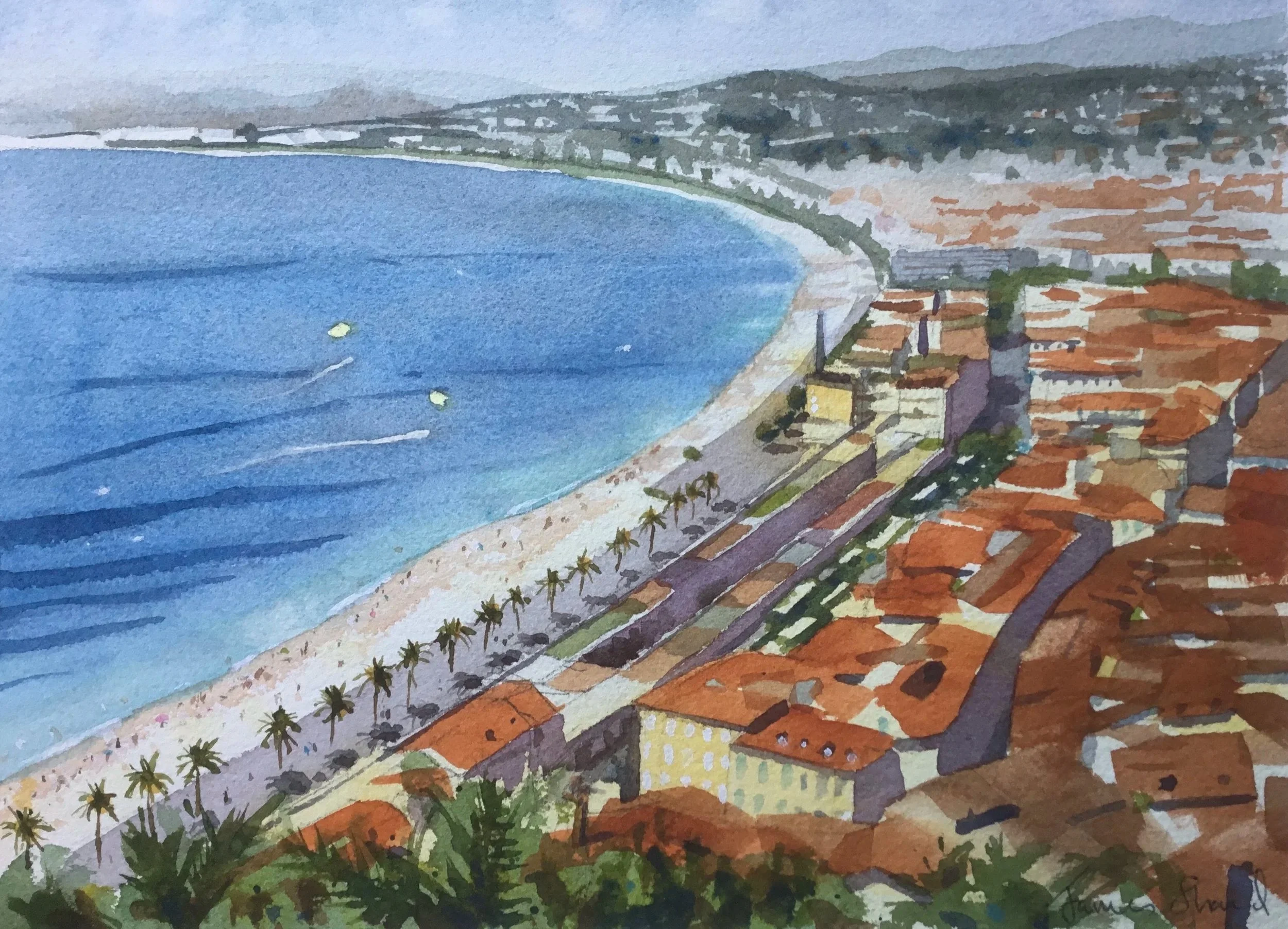 The sweeping view of the bay of Nice - the baie des Anges - with the terracotta roofs of the old town - Vieux Nice, all bathed in glorious sunshine.
