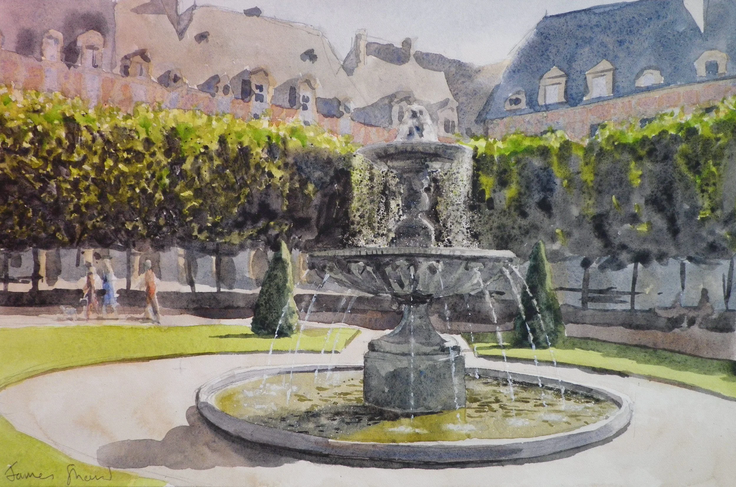 A watercolor painting of a European city square featuring a central fountain with water flowing into a round basin, surrounded by trimmed bushes and a grassy area. In the background, there are buildings with mansard roofs and windows, set against a p