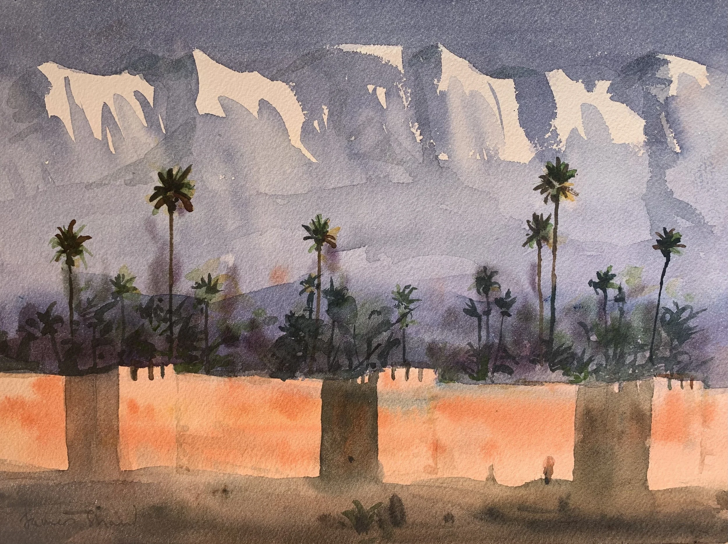 A watercolor painting of tall palm trees against a mountain range at sunset with a cloudy sky.