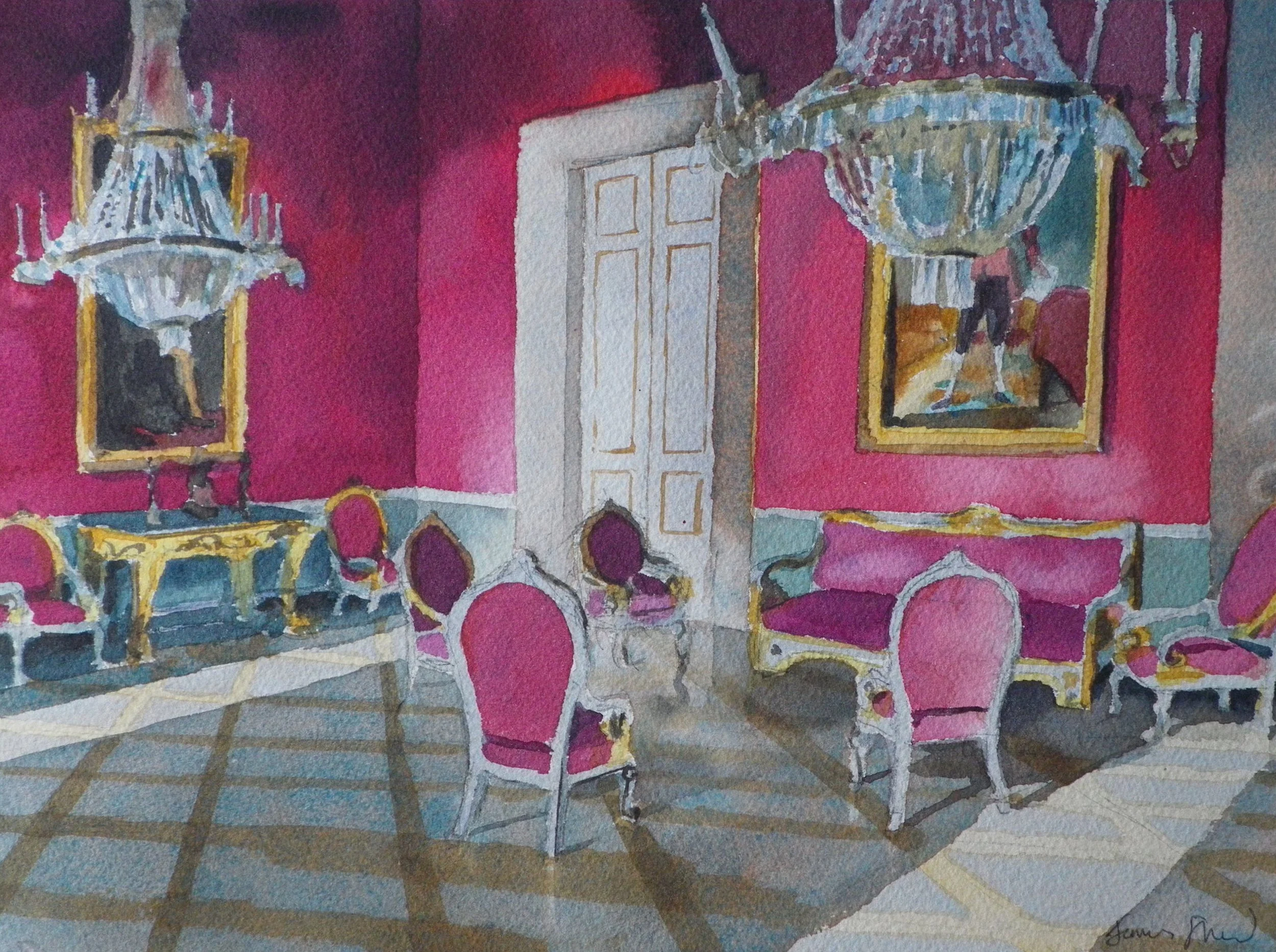 Watercolor painting of an elegant room with pink walls, ornate pink and gold furniture, a painting on the wall, and a large chandelier hanging from the ceiling.