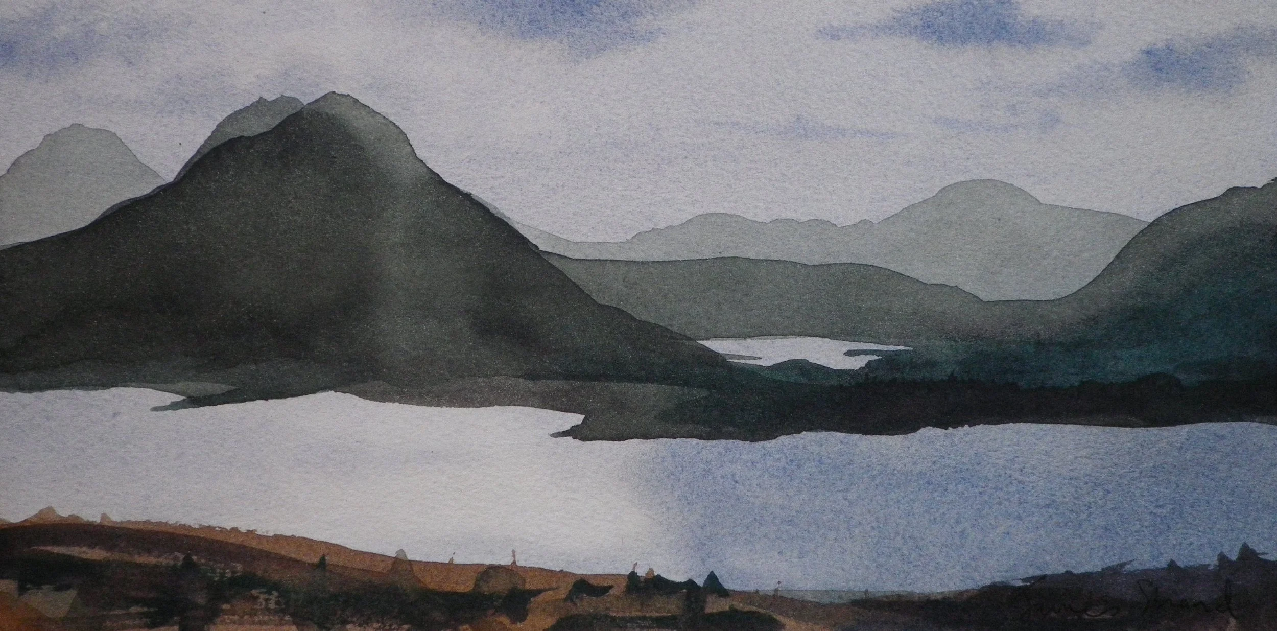 Watercolor painting of mountains, a lake, and a distant village with small houses in the foreground.