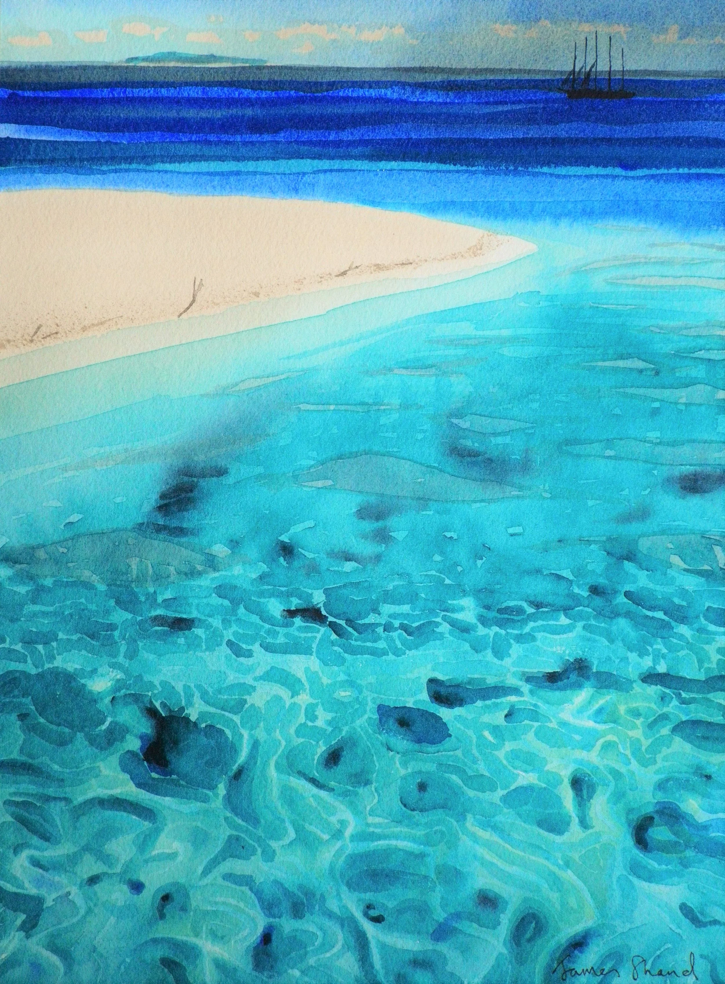 Watercolor painting of a beach scene with clear blue water, white sandy shore, and a distant sailboat under a partly cloudy sky.