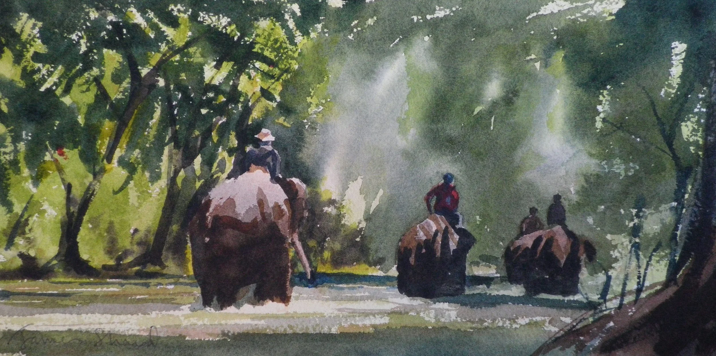 Watercolor painting of four people riding horses through a lush green forest, with sunlight filtering through the trees.