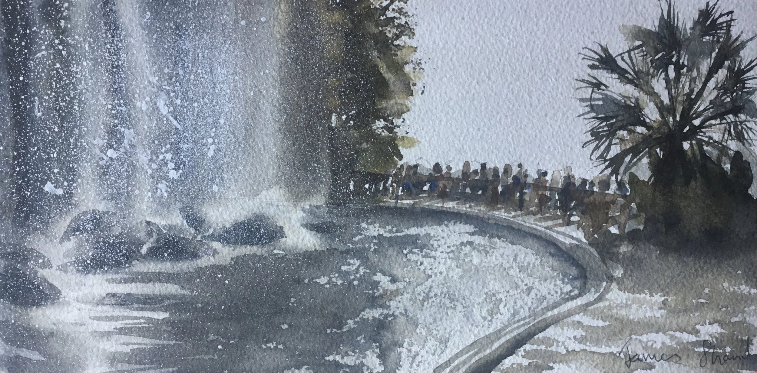 Waterfall with people walking on a bridge nearby, surrounded by trees and vegetation, painted in watercolor style.