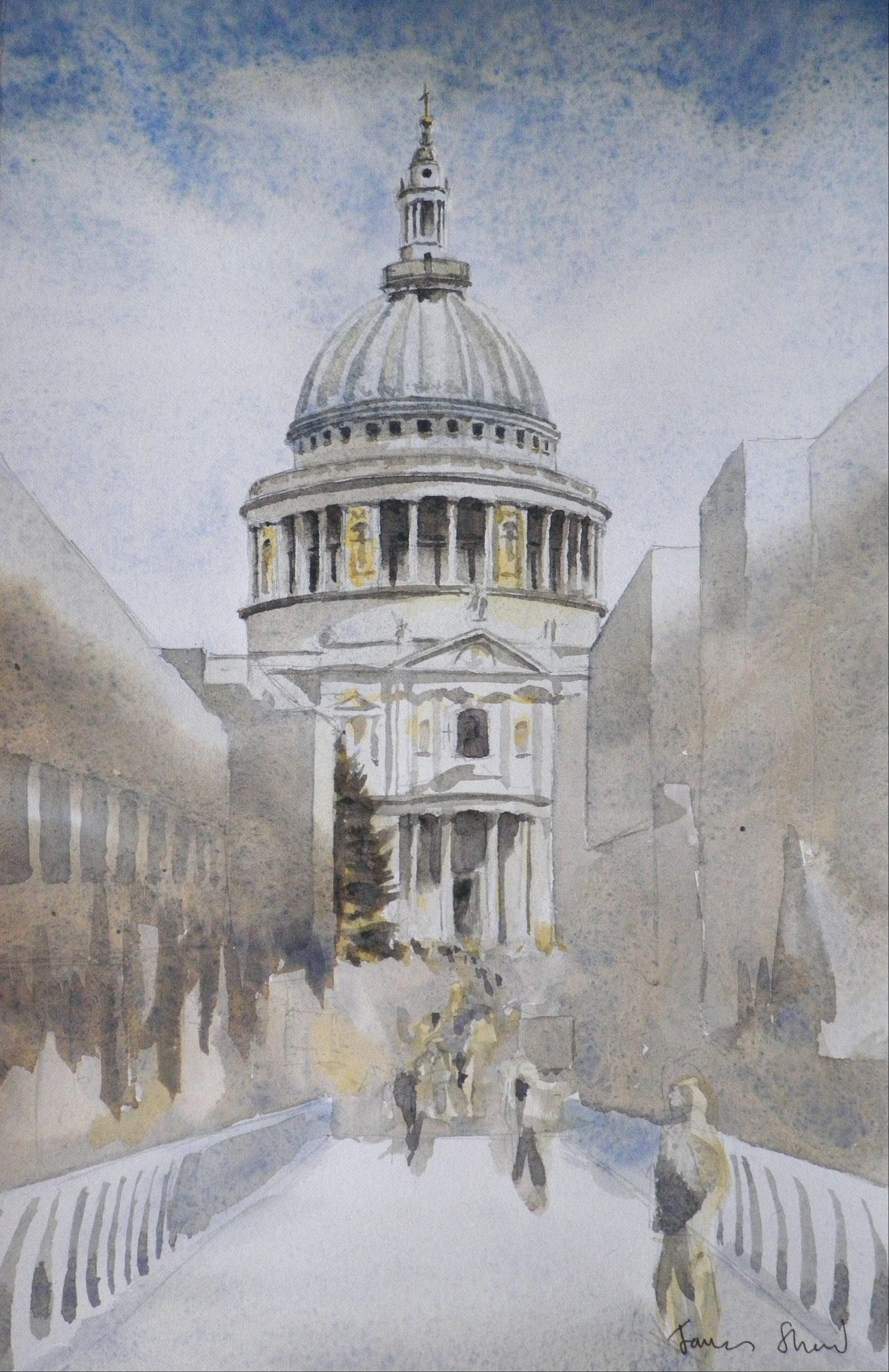 Watercolor painting of a historic domed building, likely a cathedral, on a city street with pedestrians, under a partly cloudy sky.