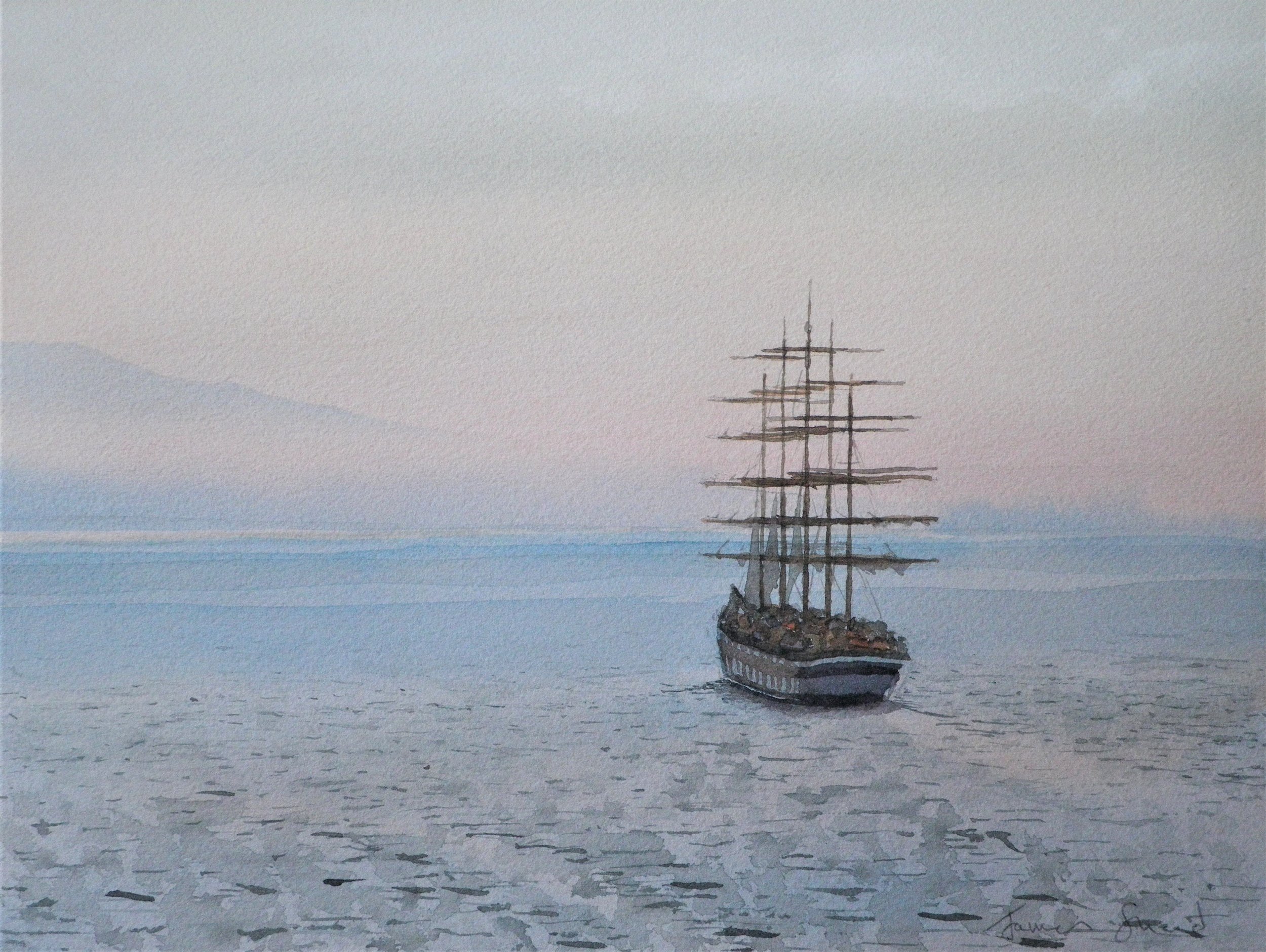 Watercolor painting of a sailing ship on calm water with a foggy coastline or mountains in the background.