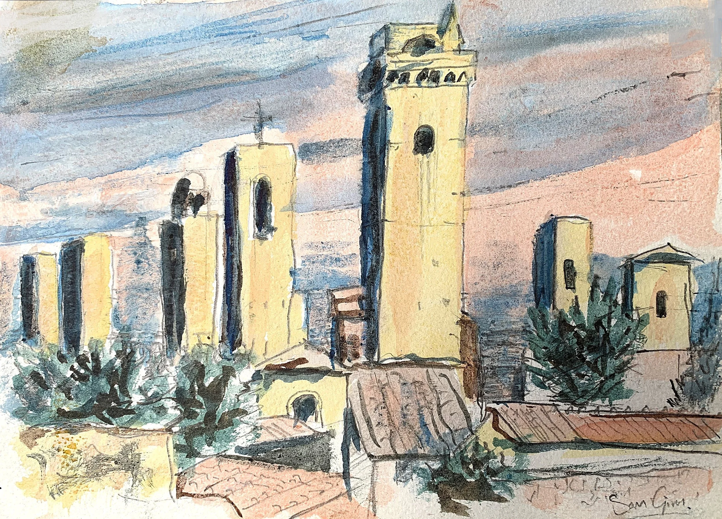 Watercolor painting of old yellow church towers with trees and a pink sky in the background.