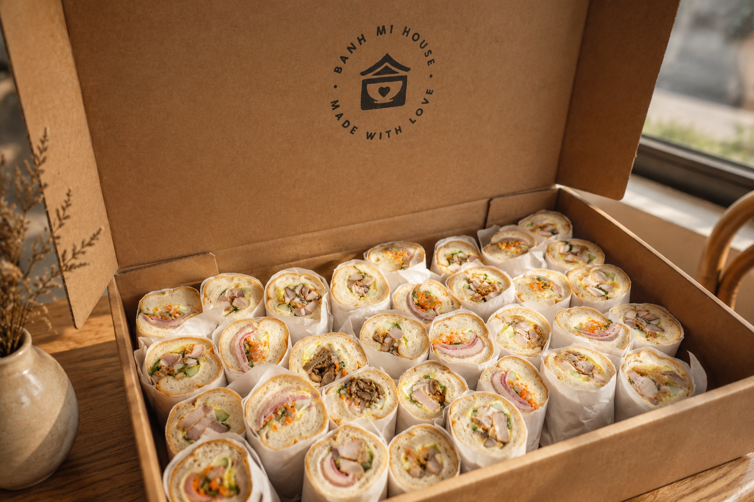 A cardboard box filled with small sandwiches wrapped in white paper, arranged neatly inside. The box has a logo with a house and heart with the text "Banh Mi House Made with Love." The box is open on a wooden table near a window.