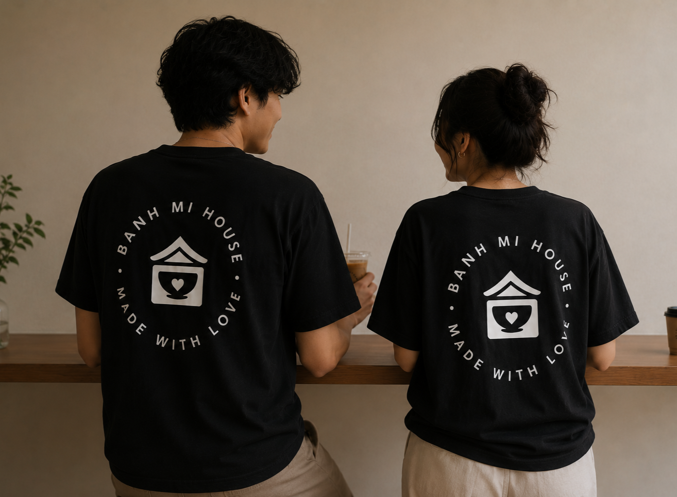 A man and woman dressed in black t-shirts with 'Banh Mi House, Made with Love' logo, standing at a wooden counter with drinks in hand, inside a cafe.
