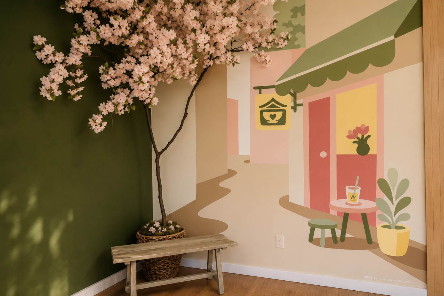Interior wall with a mural depicting a cozy outdoor cafe scene with a potted plant, small table with a cup, and a hanging lantern, next to a pink flowering tree in a woven basket, and a wooden bench.