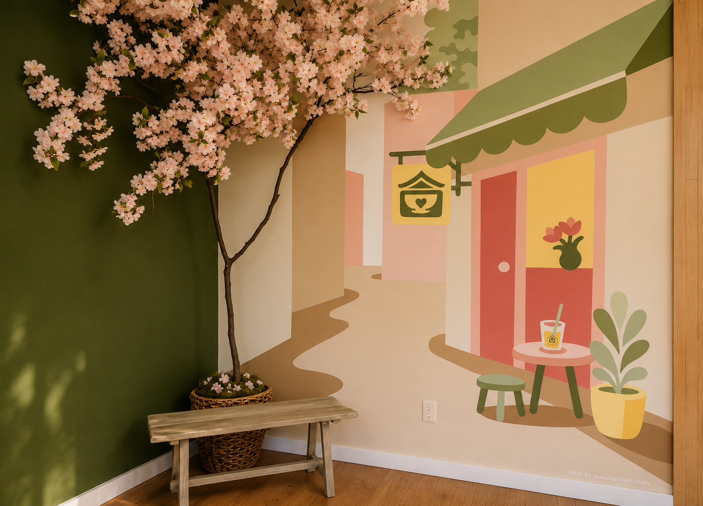 Interior corner with wall mural of a pink and yellow storefront and sidewalk scene, pink flowering tree in a basket, small wooden bench, and green wall on the left.