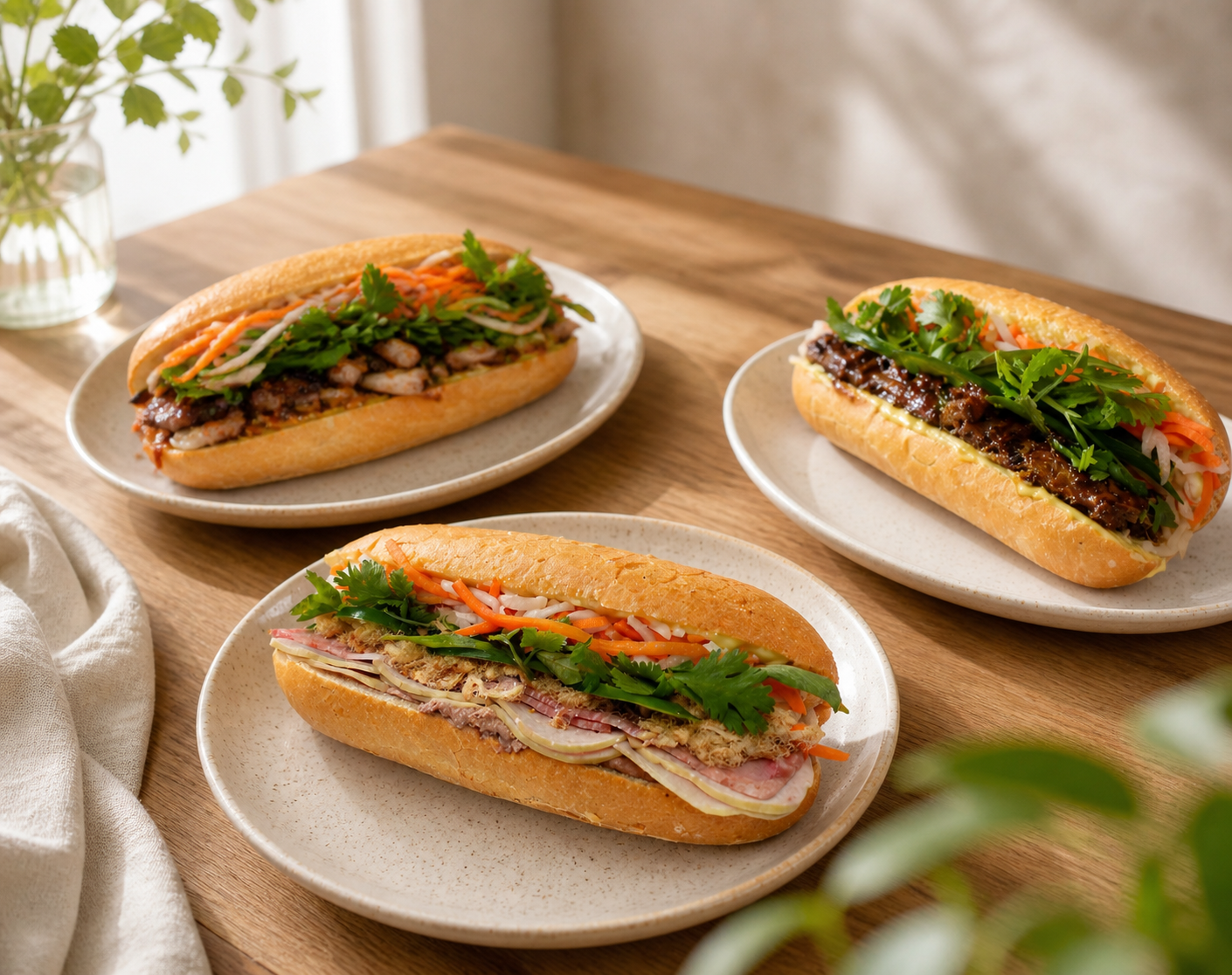 Three Vietnamese sandwiches, or banh mi, placed on ceramic plates on a wooden table, garnished with fresh herbs and vegetables.