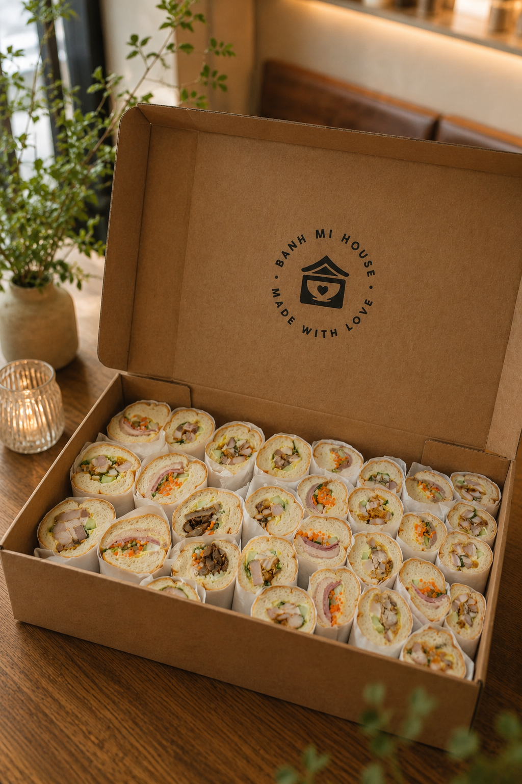 A cardboard box filled with bite-sized sandwiches, labeled 'Banh Mi House - Made with Love,' is open on a wooden table. The sandwiches contain various fillings like vegetables and meats.