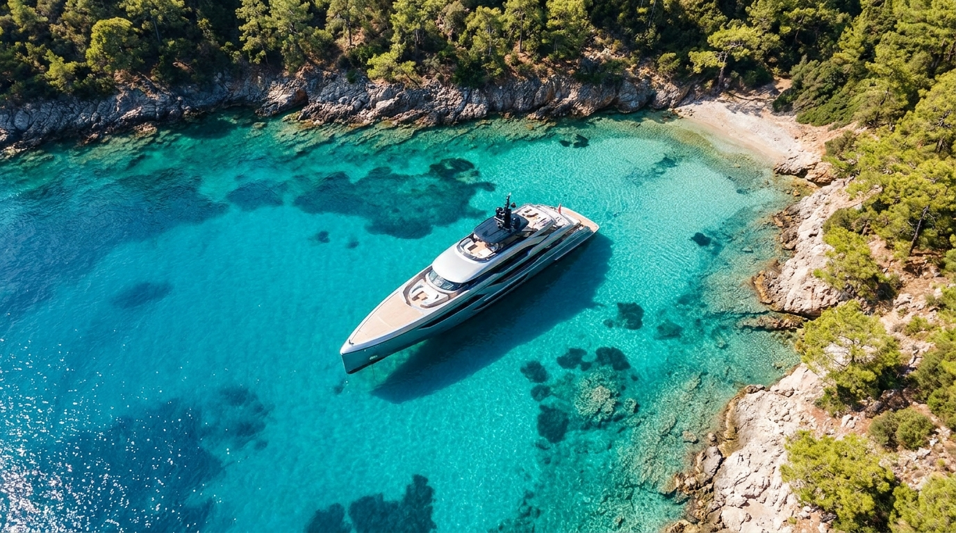 Luxury yacht cruising from Bodrum to Orak Island and Aquarium Bay, with guests enjoying swimming, snorkeling and scenic Aegean views throughout the day.