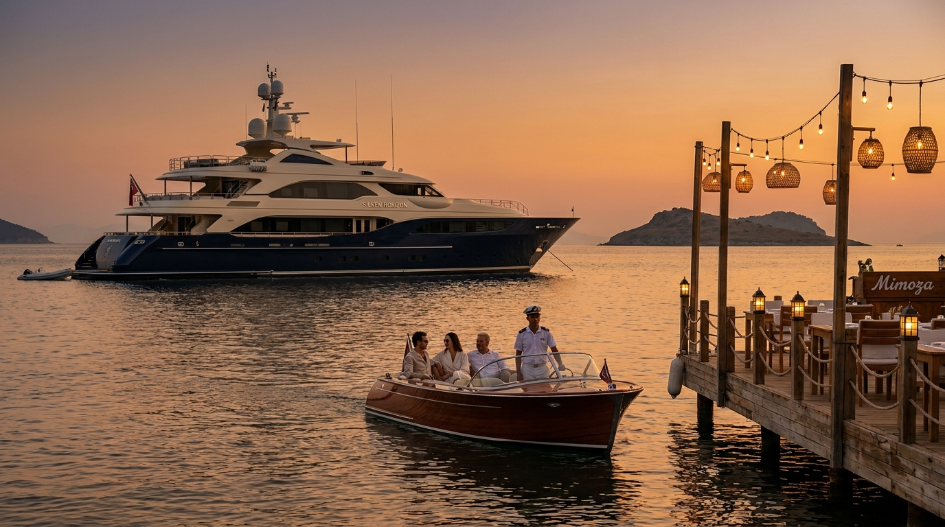 Luxury yacht tender arriving at a waterfront restaurant in Bodrum, where guests enjoy a reserved seaside dinner after a sunset cruise.